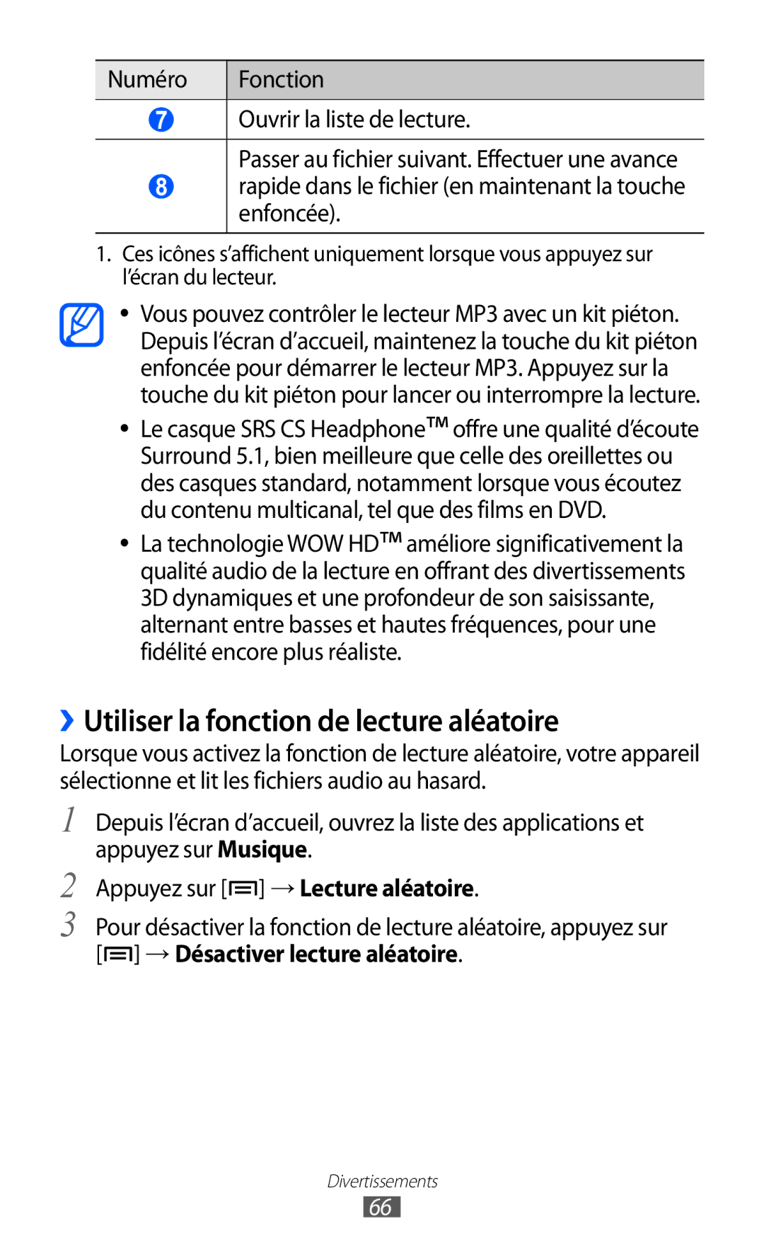 Samsung GT-S5369UWAFTM, GT-S5369MAAVGF, GT-S5369OIAFTM, GT-S5369TKAFTM manual ››Utiliser la fonction de lecture aléatoire 