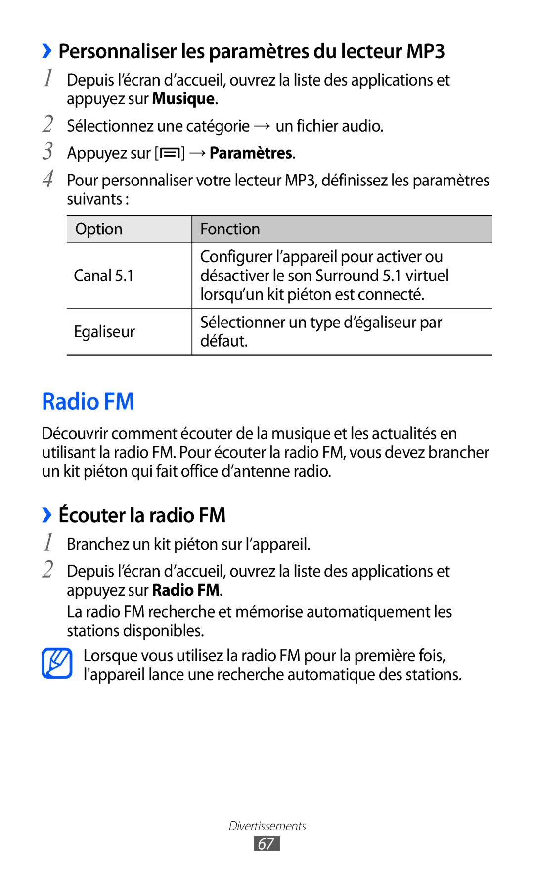 Samsung GT-S5369OIAFTM, GT-S5369MAAVGF manual Radio FM, ››Personnaliser les paramètres du lecteur MP3, ››Écouter la radio FM 