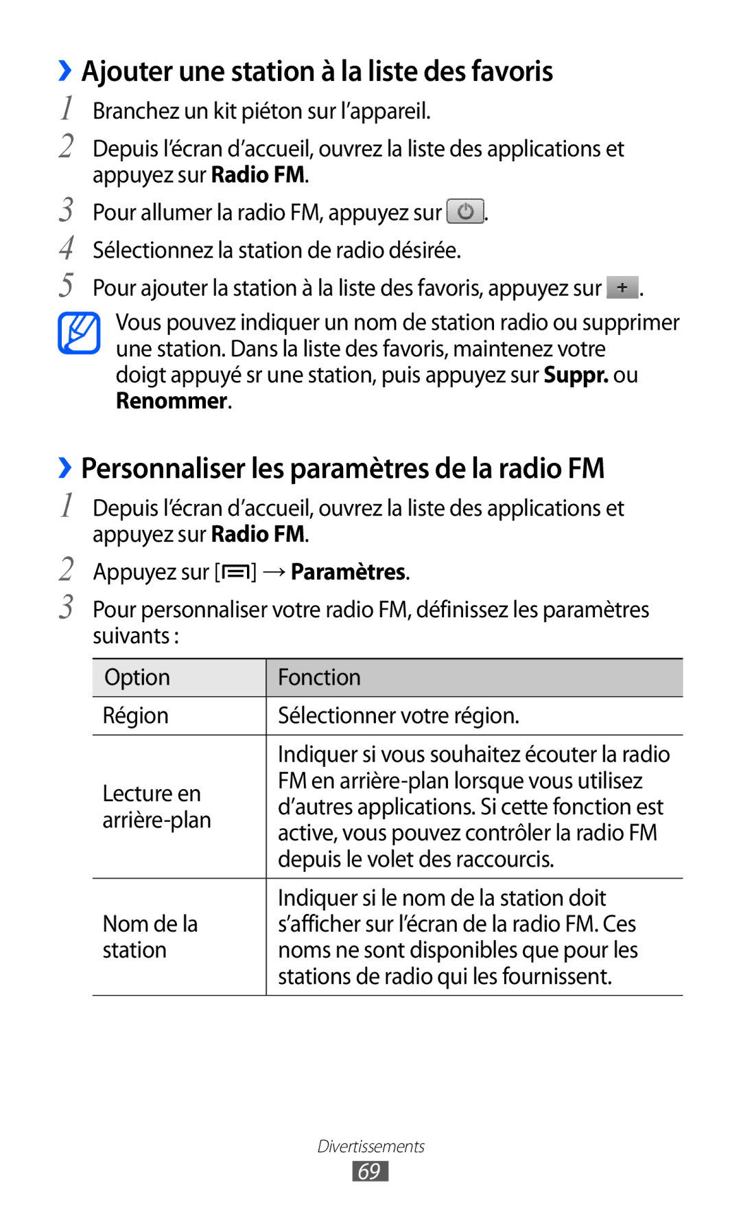 Samsung GT-S5369TKALPM manual ››Ajouter une station à la liste des favoris, ››Personnaliser les paramètres de la radio FM 