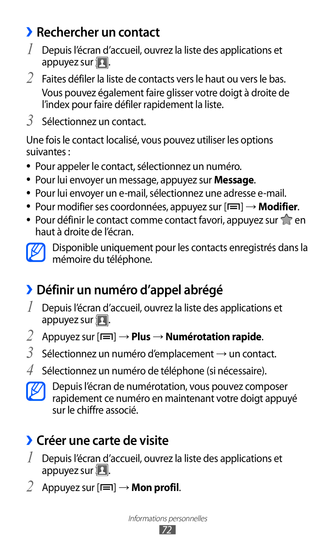 Samsung GT-S5369OIAFTM manual ››Rechercher un contact, ››Définir un numéro d’appel abrégé, ››Créer une carte de visite 