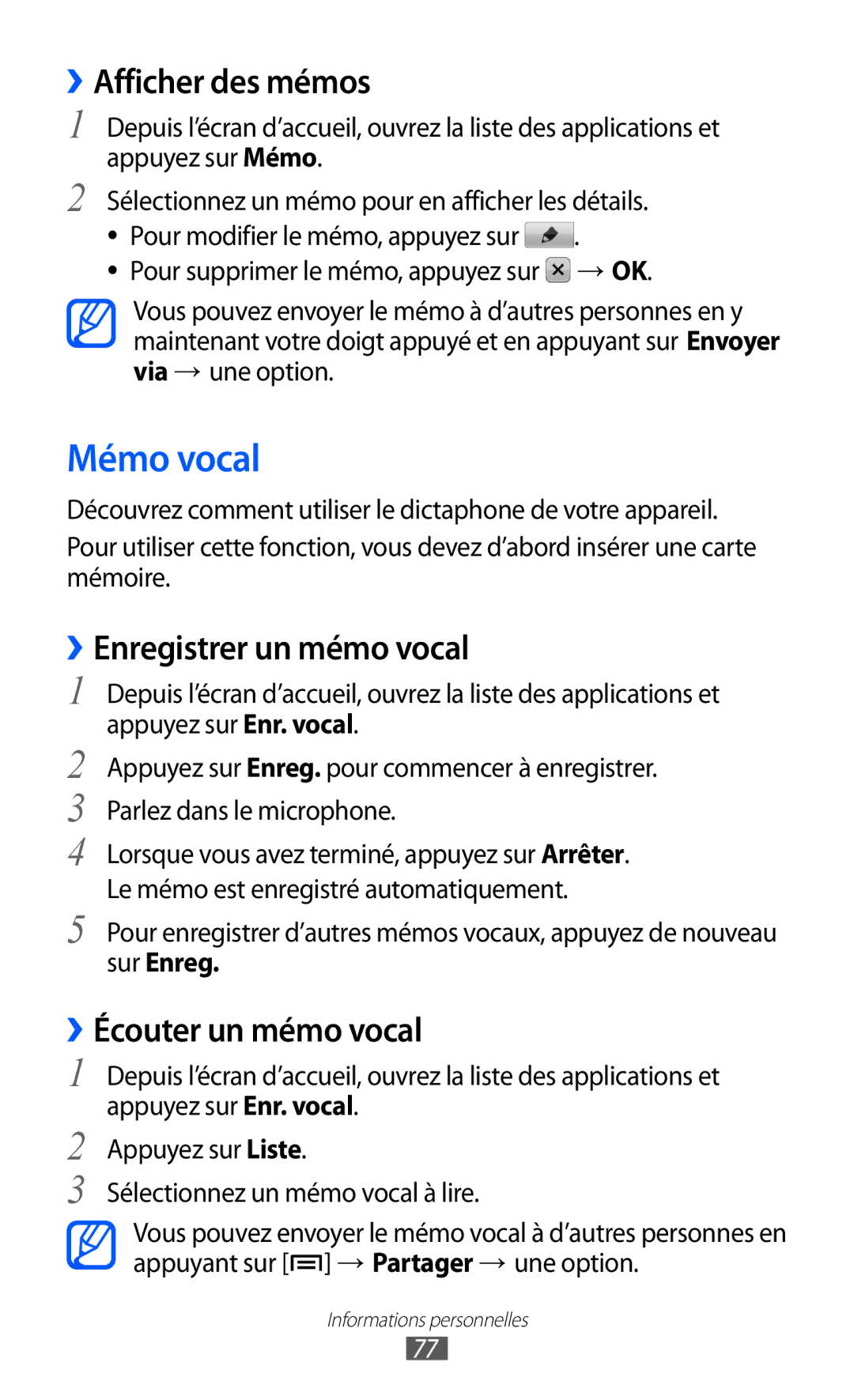 Samsung GT-S5369OIAFTM Mémo vocal, Afficher des mémos, ››Enregistrer un mémo vocal, ››Écouter un mémo vocal, Sur Enreg 