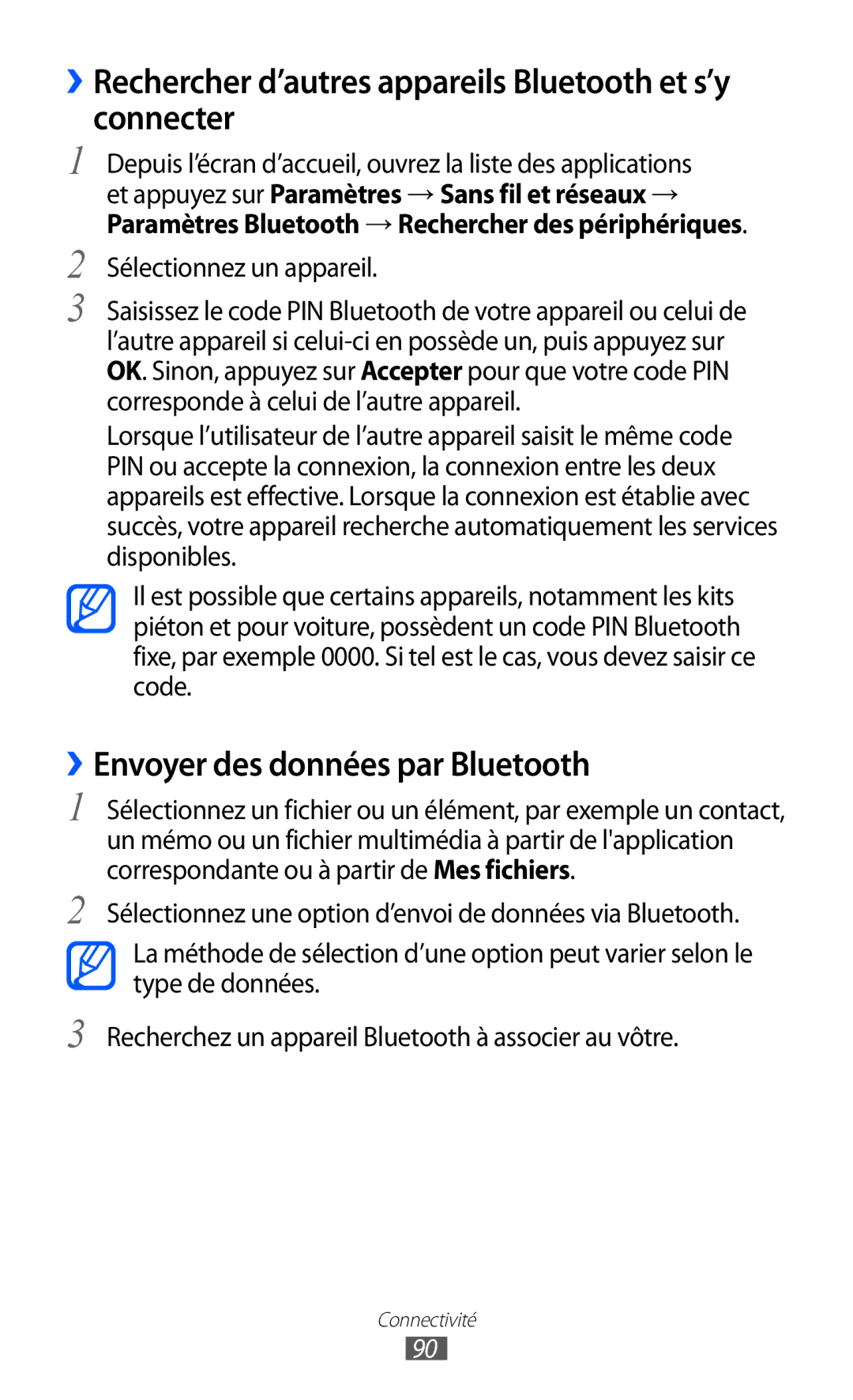 Samsung GT-S5369MAAVGF ››Rechercher d’autres appareils Bluetooth et s’y connecter, ››Envoyer des données par Bluetooth 