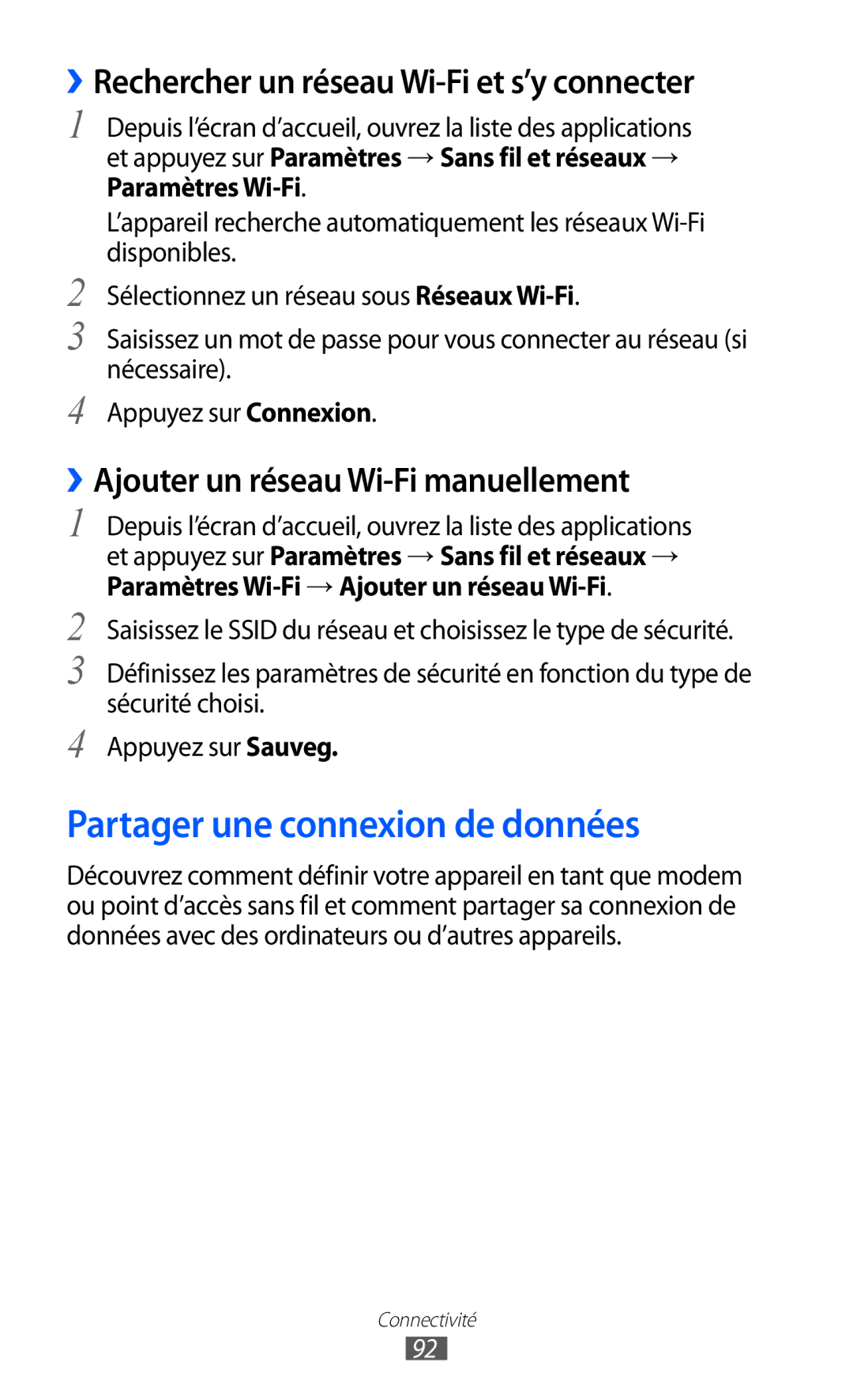 Samsung GT-S5369OIAFTM, GT-S5369MAAVGF Partager une connexion de données, ››Rechercher un réseau Wi-Fi et s’y connecter 