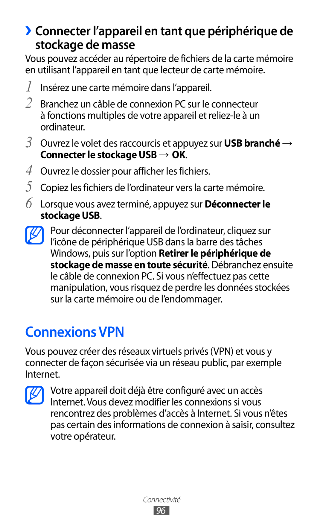 Samsung GT-S5369UWAFTM manual Connexions VPN, Connecter le stockage USB → OK, Ouvrez le dossier pour afficher les fichiers 