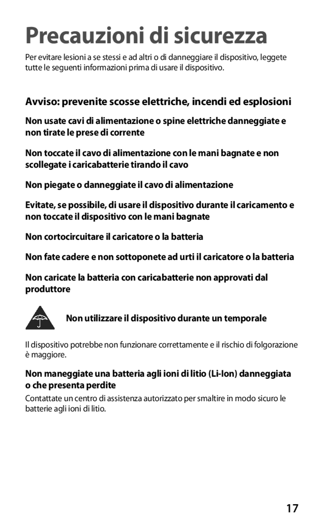 Samsung GT-S5369UWAOMN, GT-S5369TKAOMN Precauzioni di sicurezza, Avviso prevenite scosse elettriche, incendi ed esplosioni 