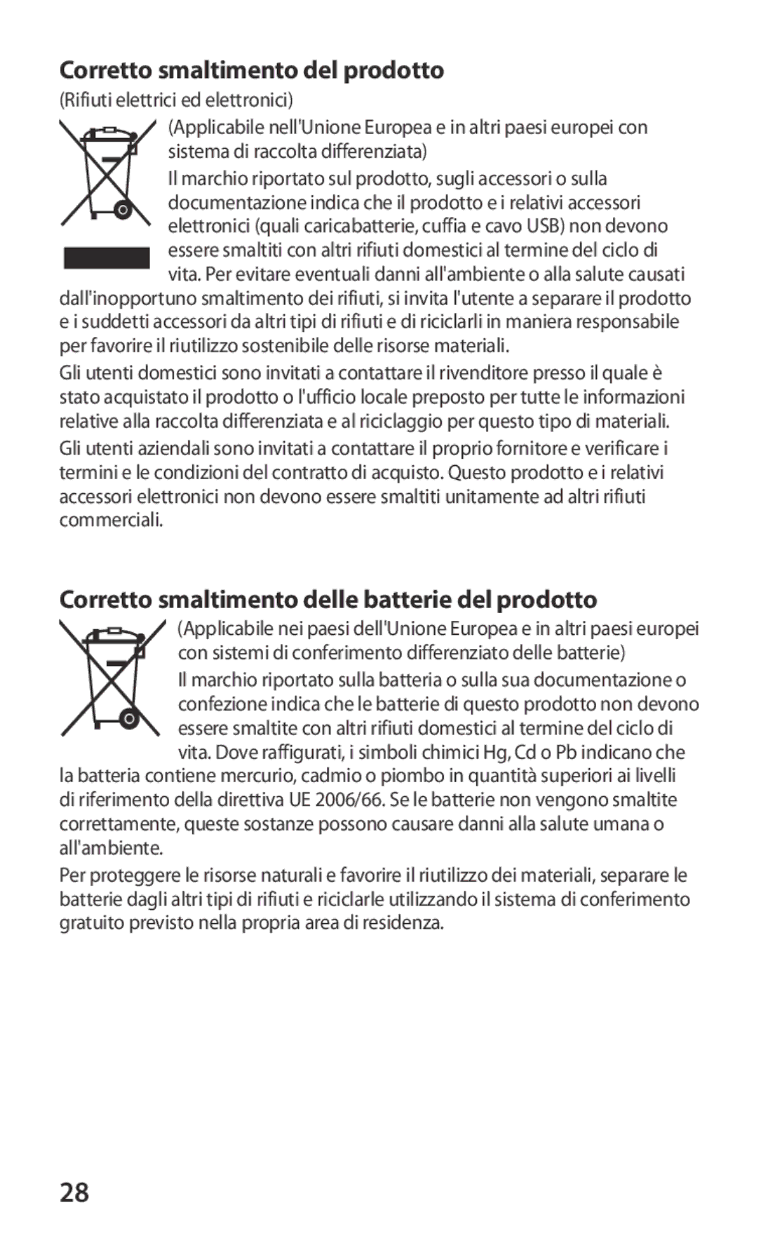 Samsung GT-S5369TKAOMN, GT-S5369UWAOMN Corretto smaltimento del prodotto, Corretto smaltimento delle batterie del prodotto 