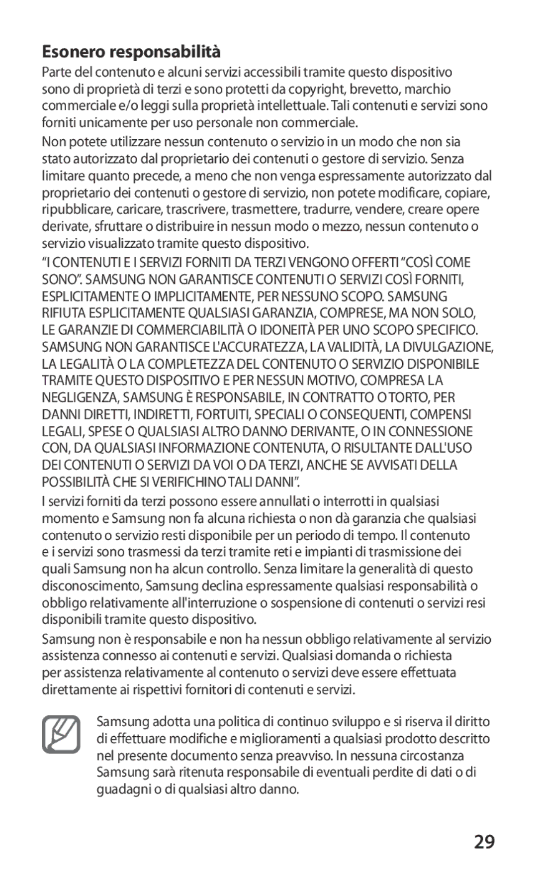 Samsung GT-S5369UWAOMN, GT-S5369TKAOMN, GT-S5369OIAOMN, GT-S5369MAAOMN manual Esonero responsabilità 