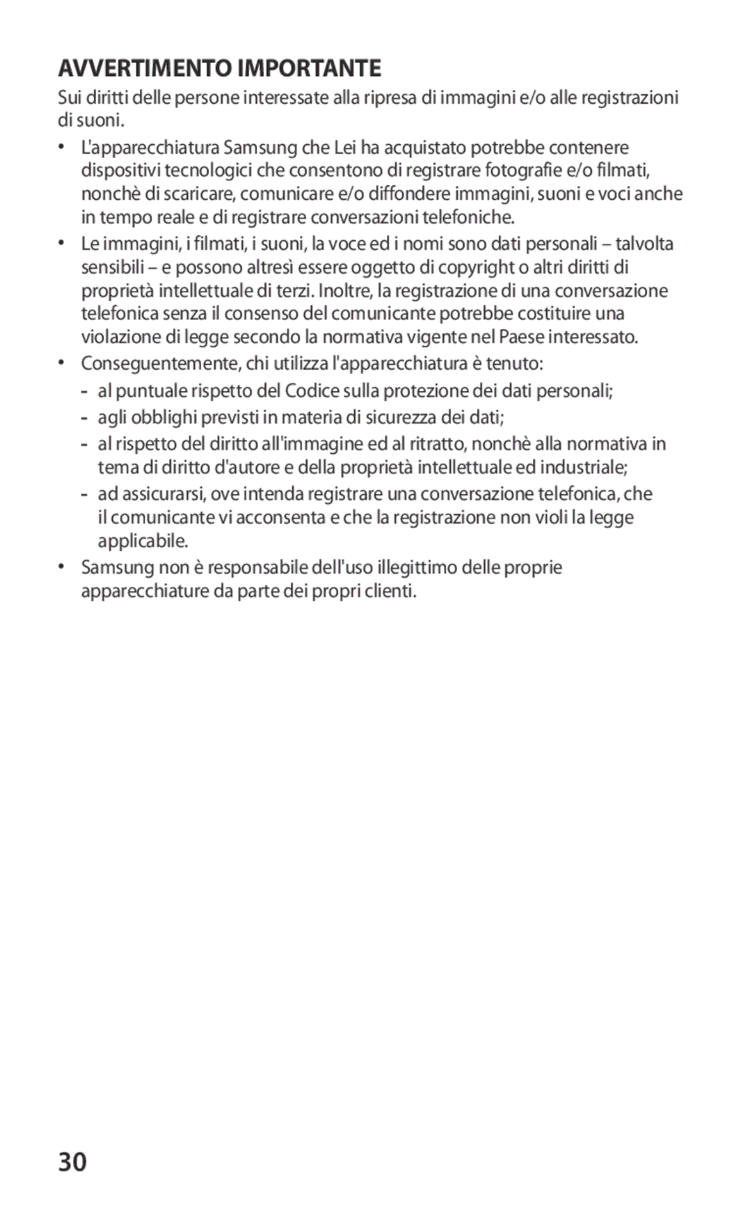 Samsung GT-S5369OIAOMN, GT-S5369TKAOMN Avvertimento Importante, Conseguentemente, chi utilizza lapparecchiatura è tenuto 