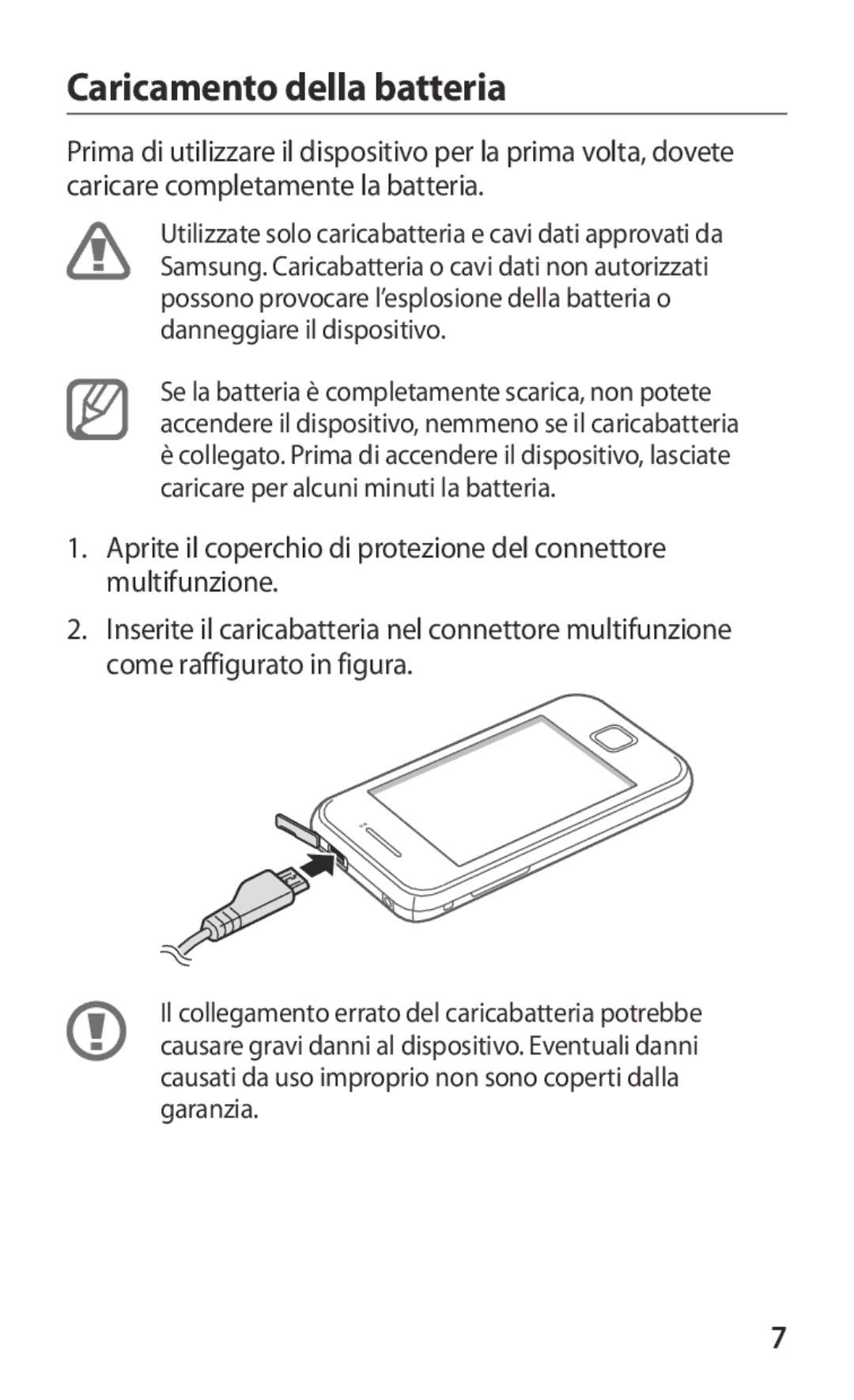 Samsung GT-S5369MAAOMN, GT-S5369TKAOMN, GT-S5369UWAOMN, GT-S5369OIAOMN manual Caricamento della batteria 