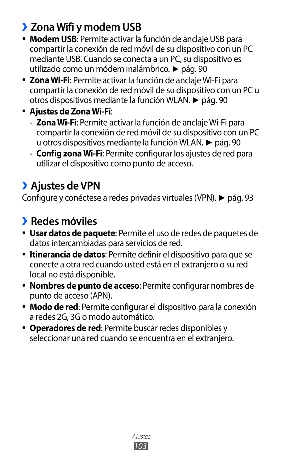 Samsung GT-S5369MAAATL manual ››Zona Wifi y modem USB, ››Ajustes de VPN, ››Redes móviles, Ajustes de Zona Wi-Fi, 103 