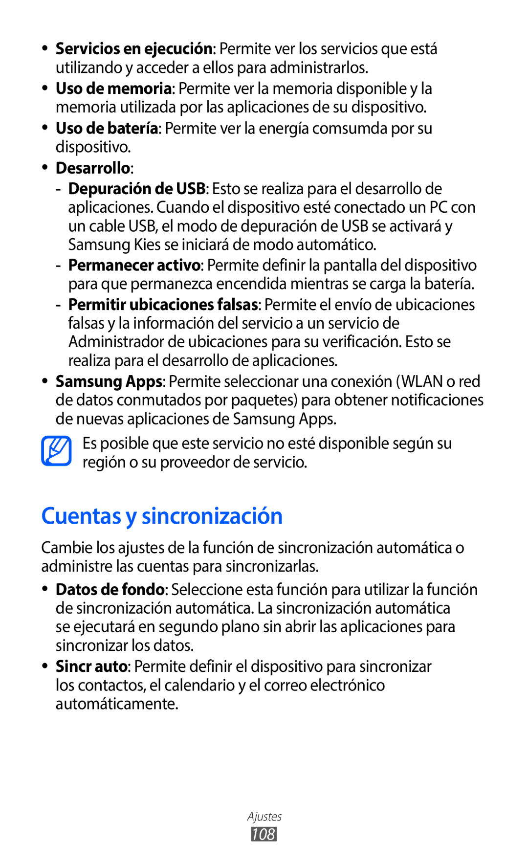 Samsung GT-S5369UWAOMN, GT-S5369MAAATL, GT-S5369UWAATL manual Cuentas y sincronización, Desarrollo, 108 