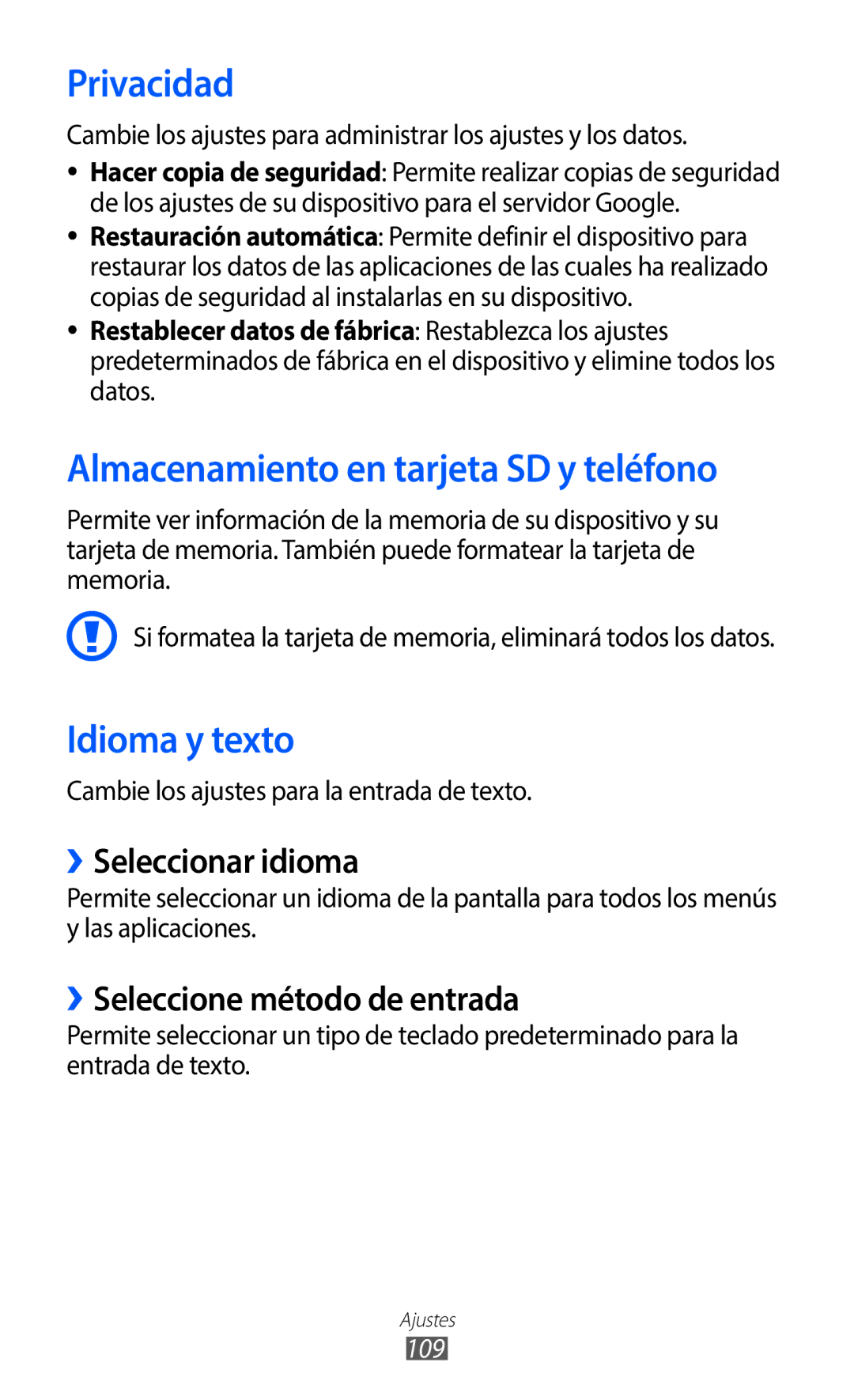 Samsung GT-S5369MAAATL manual Privacidad, Almacenamiento en tarjeta SD y teléfono, Idioma y texto, ››Seleccionar idioma 