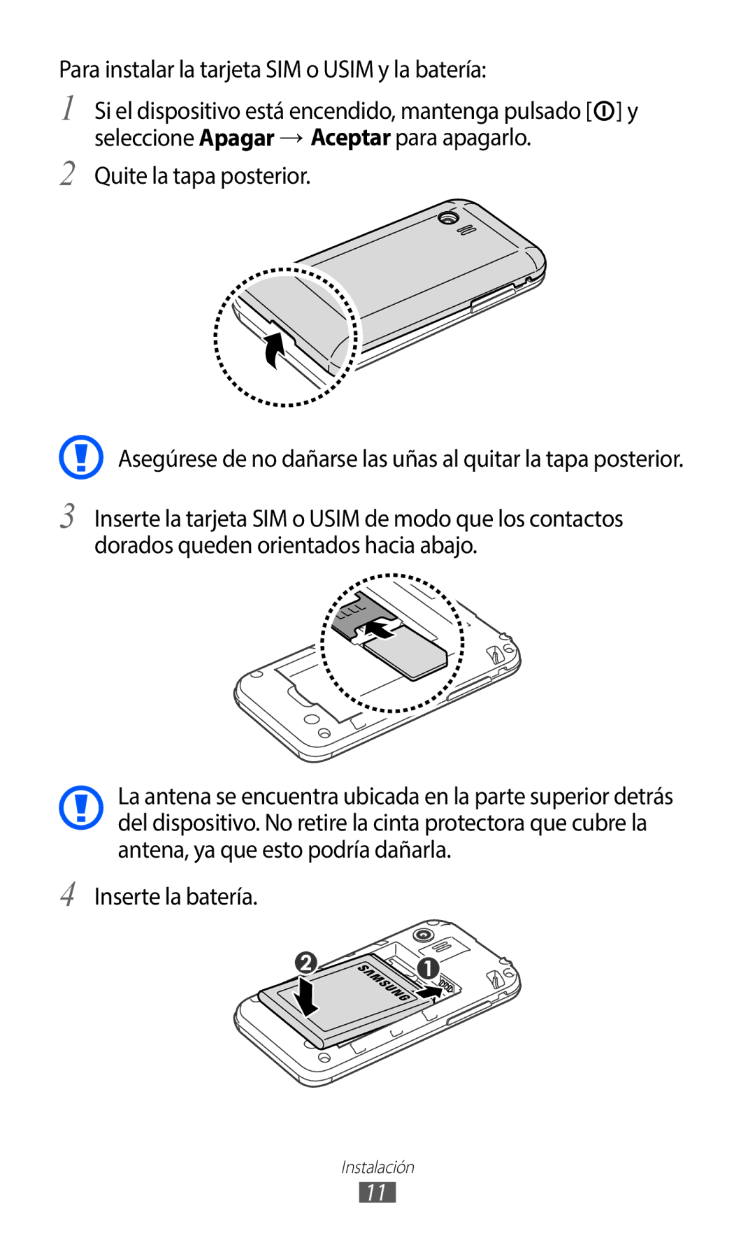 Samsung GT-S5369UWAATL, GT-S5369UWAOMN manual Para instalar la tarjeta SIM o Usim y la batería, Quite la tapa posterior 