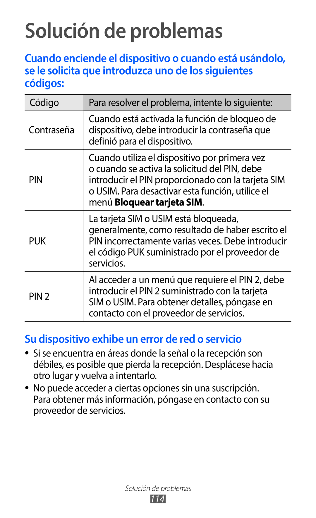 Samsung GT-S5369UWAOMN, GT-S5369MAAATL, GT-S5369UWAATL manual Solución de problemas, Menú Bloquear tarjeta SIM, 114 