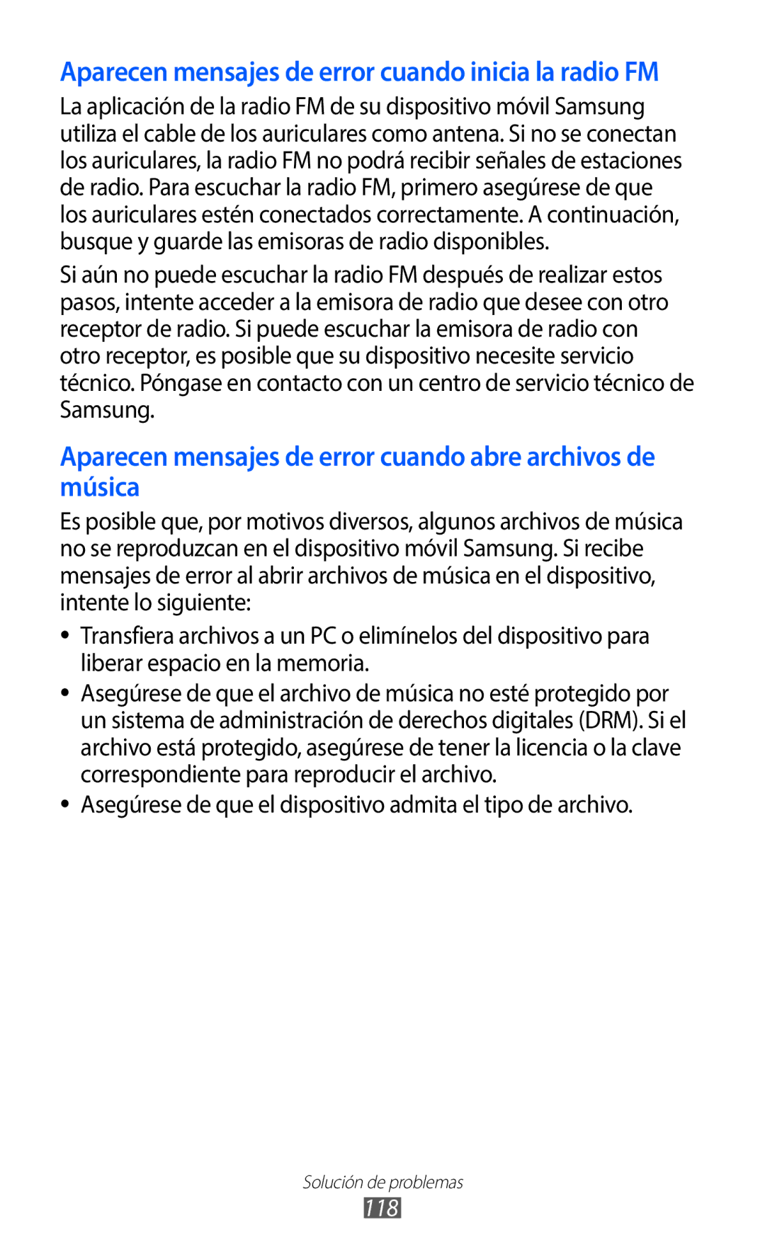 Samsung GT-S5369MAAATL, GT-S5369UWAOMN, GT-S5369UWAATL manual Asegúrese de que el dispositivo admita el tipo de archivo, 118 