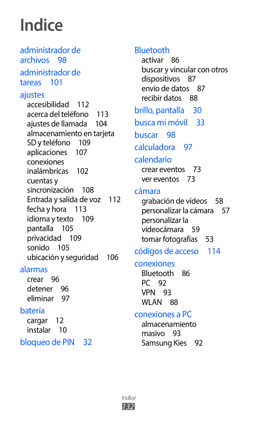 Samsung GT-S5369UWAOMN, GT-S5369MAAATL, GT-S5369UWAATL manual Indice, 132 