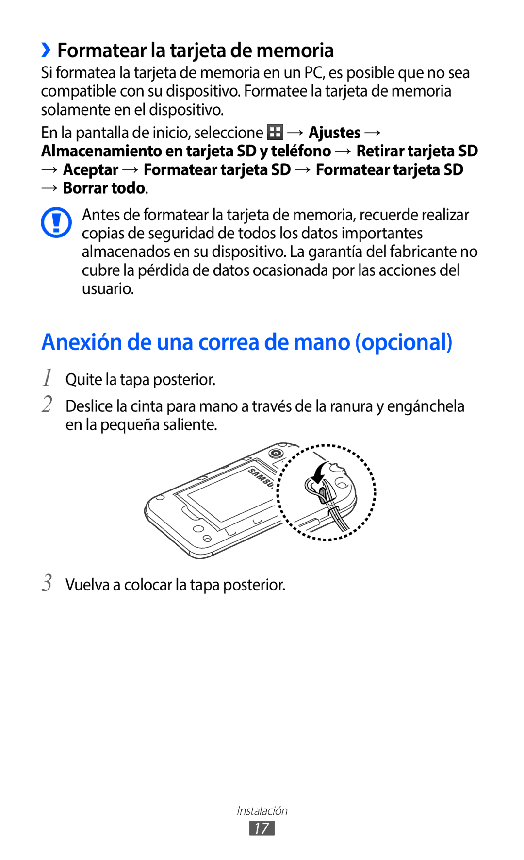 Samsung GT-S5369UWAATL, GT-S5369UWAOMN manual Anexión de una correa de mano opcional, ››Formatear la tarjeta de memoria 