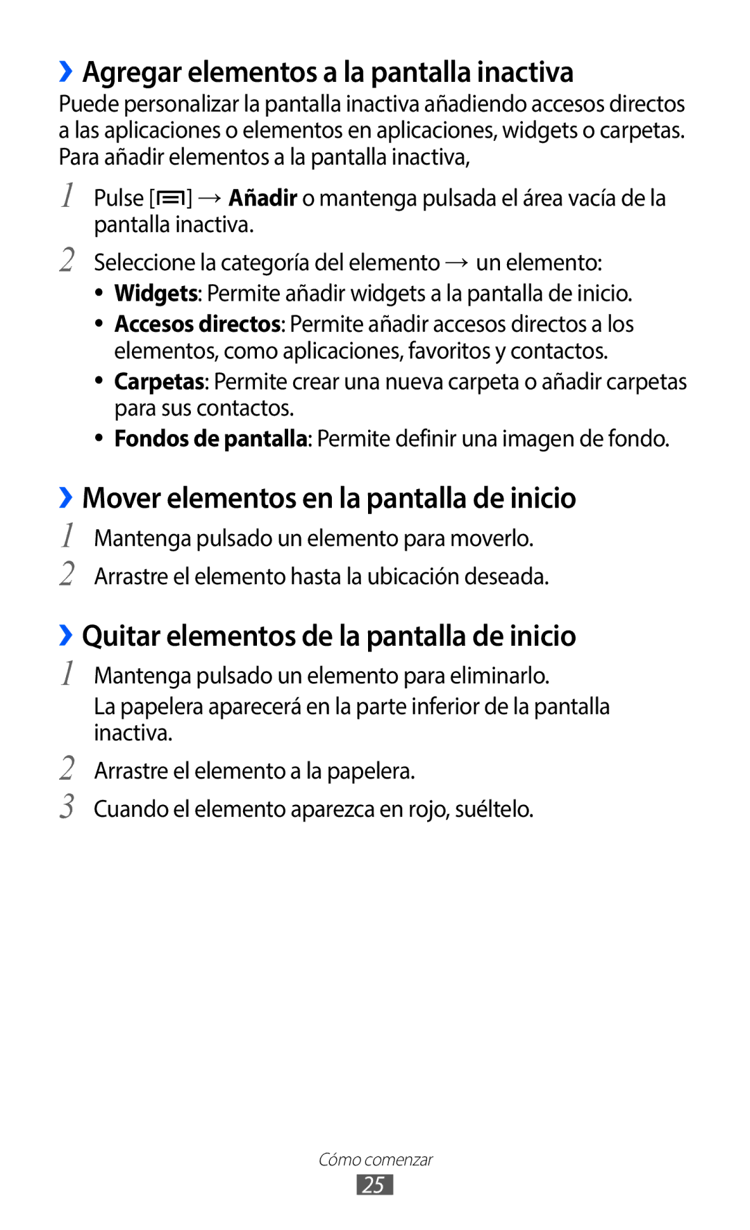 Samsung GT-S5369MAAATL manual ››Agregar elementos a la pantalla inactiva, ››Mover elementos en la pantalla de inicio 