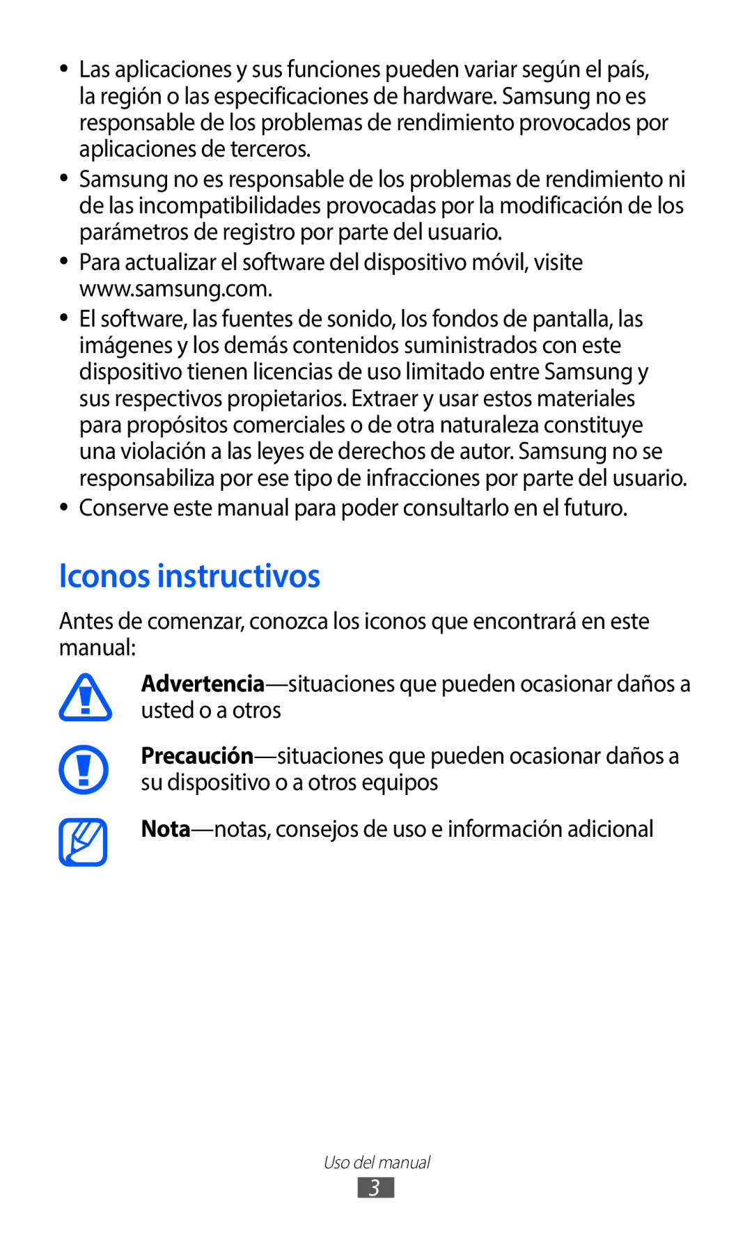 Samsung GT-S5369UWAOMN, GT-S5369MAAATL Iconos instructivos, Conserve este manual para poder consultarlo en el futuro 