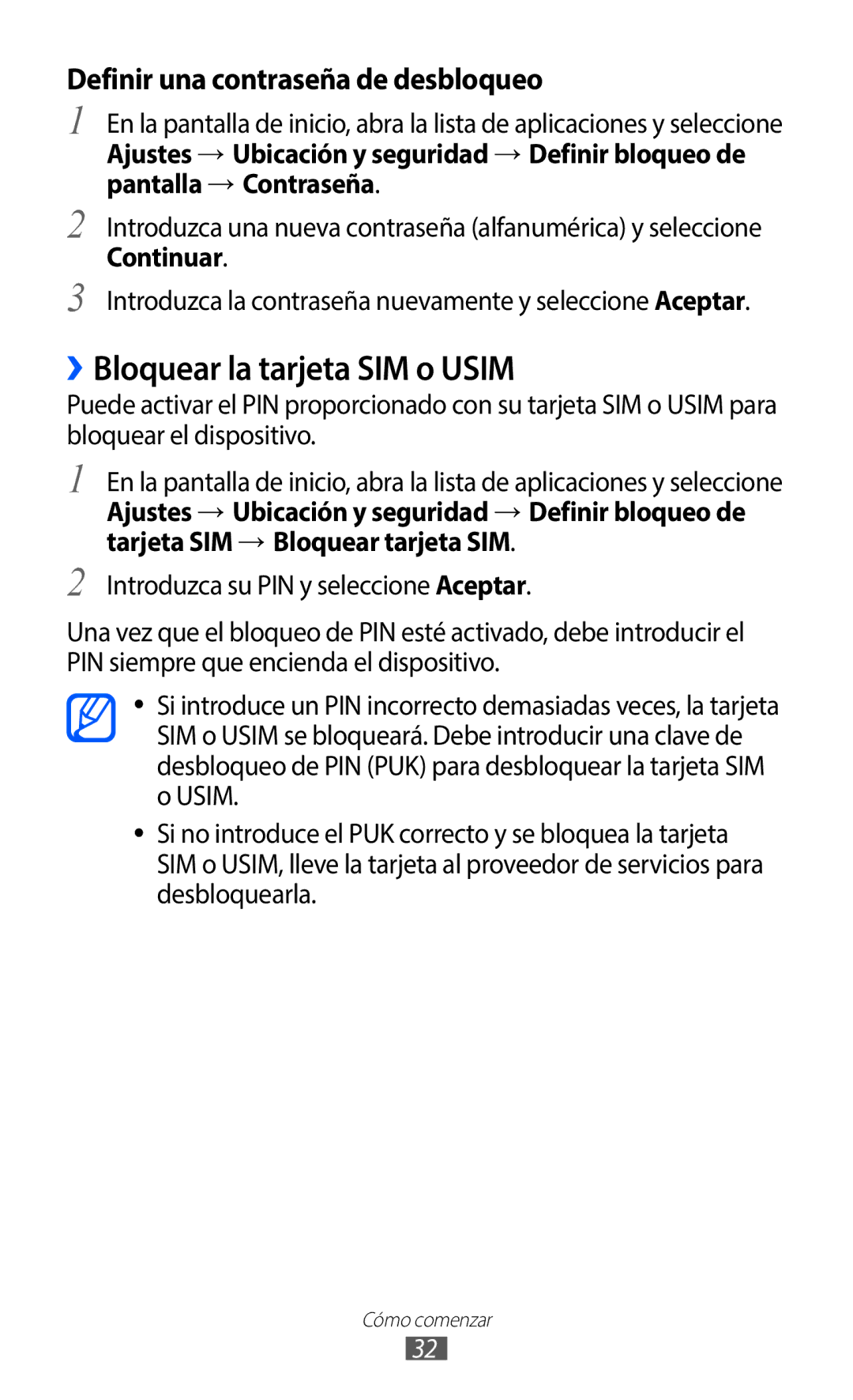 Samsung GT-S5369UWAATL, GT-S5369UWAOMN manual ››Bloquear la tarjeta SIM o Usim, Definir una contraseña de desbloqueo 