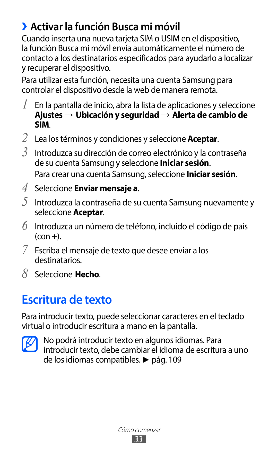 Samsung GT-S5369UWAOMN manual Escritura de texto, ››Activar la función Busca mi móvil, Seleccione Enviar mensaje a 