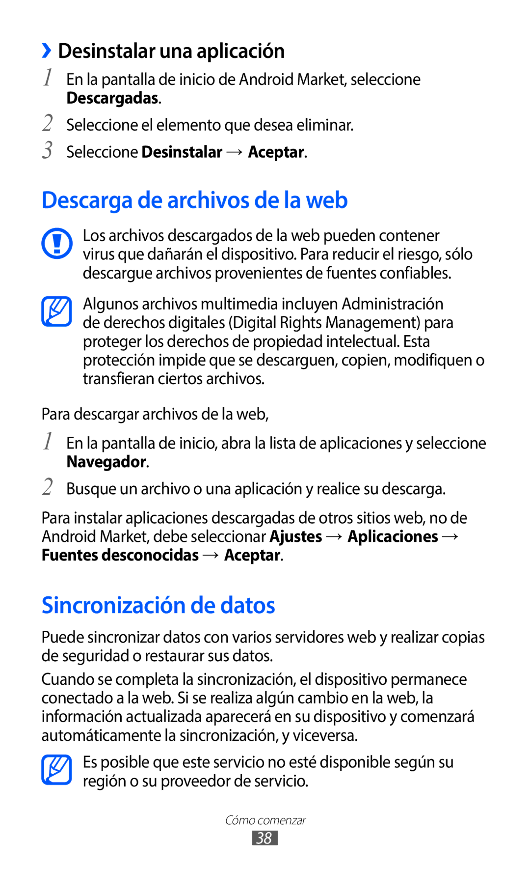 Samsung GT-S5369UWAATL manual Descarga de archivos de la web, Sincronización de datos, ››Desinstalar una aplicación 