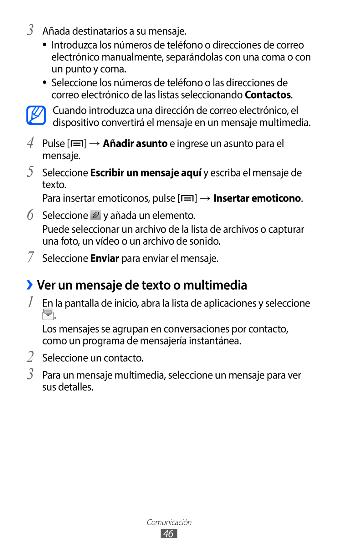 Samsung GT-S5369MAAATL ››Ver un mensaje de texto o multimedia, Pulse → Añadir asunto e ingrese un asunto para el mensaje 