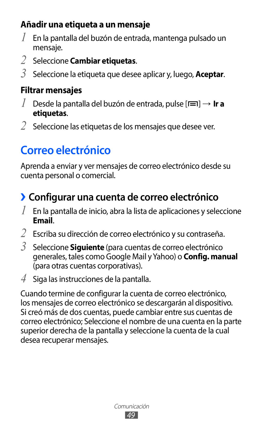 Samsung GT-S5369MAAATL Correo electrónico, ››Configurar una cuenta de correo electrónico, Seleccione Cambiar etiquetas 