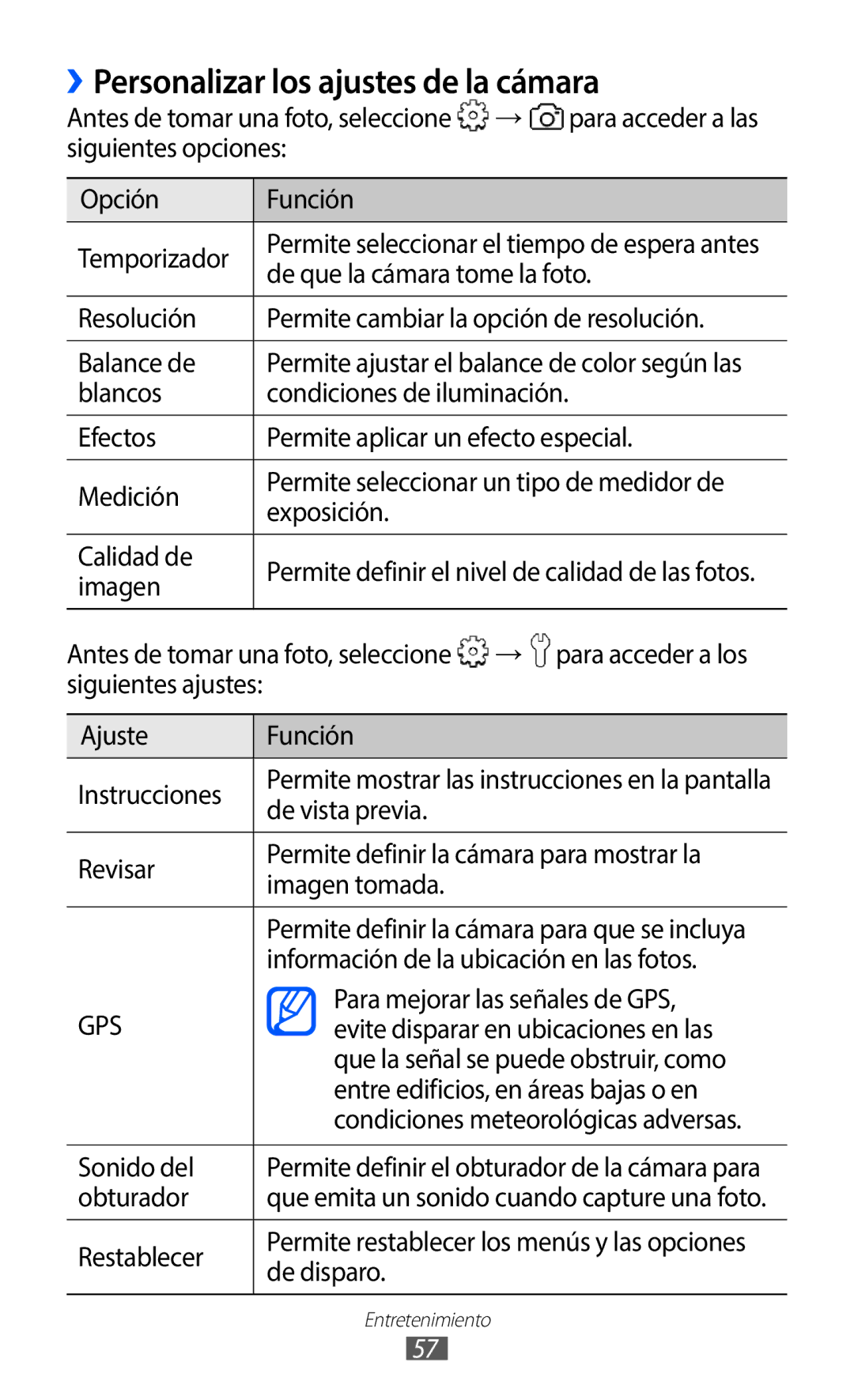 Samsung GT-S5369UWAOMN, GT-S5369MAAATL, GT-S5369UWAATL manual ››Personalizar los ajustes de la cámara 