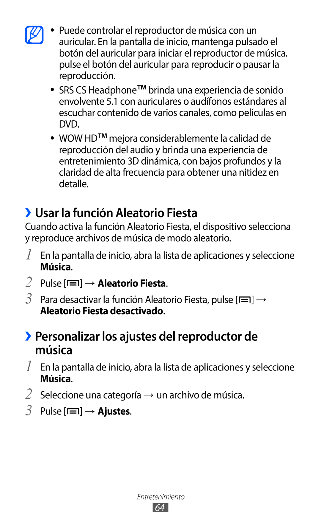 Samsung GT-S5369MAAATL manual ››Usar la función Aleatorio Fiesta, ››Personalizar los ajustes del reproductor de música 