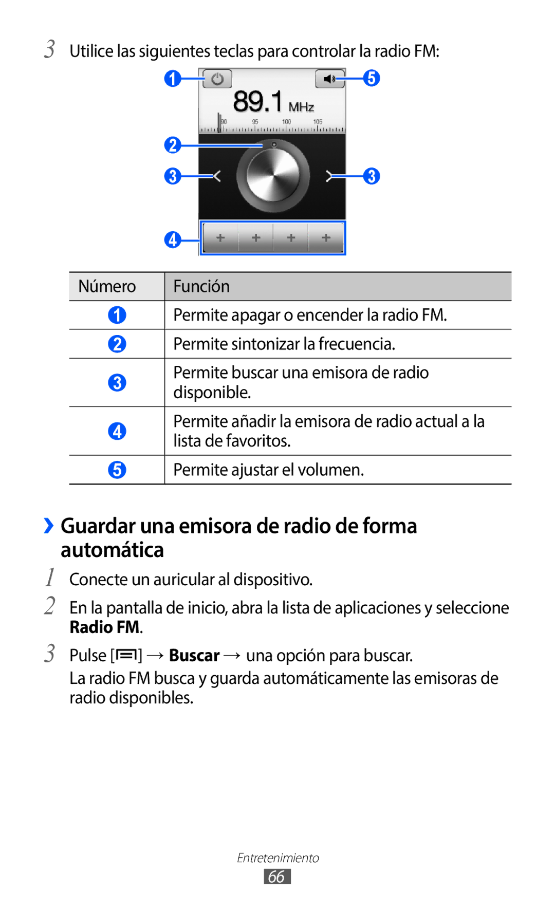 Samsung GT-S5369UWAOMN ››Guardar una emisora de radio de forma automática, Conecte un auricular al dispositivo, Radio FM 