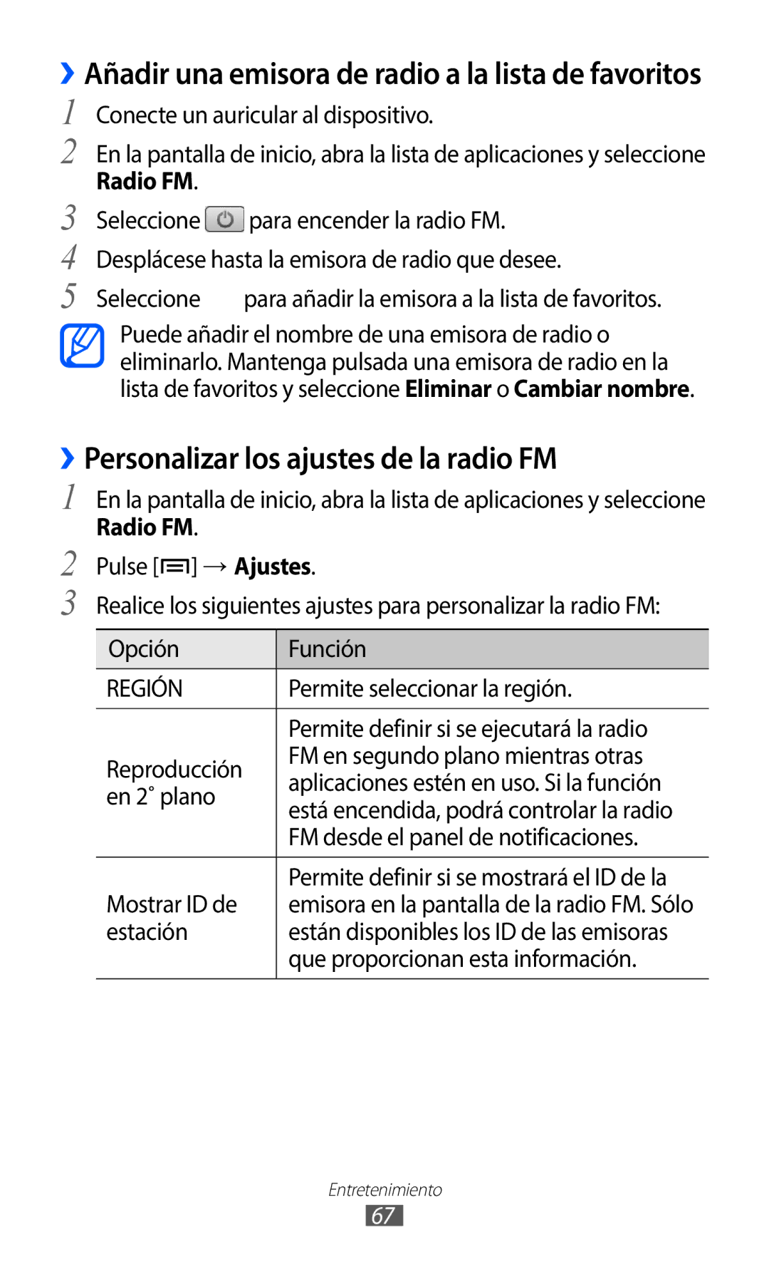 Samsung GT-S5369MAAATL, GT-S5369UWAOMN, GT-S5369UWAATL manual ››Personalizar los ajustes de la radio FM 