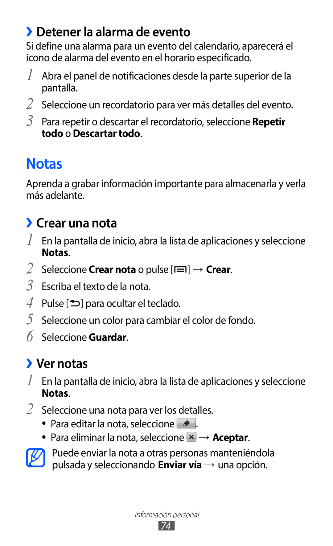 Samsung GT-S5369UWAATL, GT-S5369UWAOMN, GT-S5369MAAATL Notas, ››Detener la alarma de evento, ››Crear una nota, ››Ver notas 