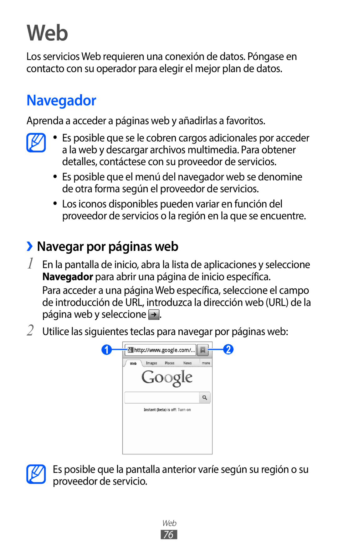 Samsung GT-S5369MAAATL Web, Navegador, ››Navegar por páginas web, Aprenda a acceder a páginas web y añadirlas a favoritos 