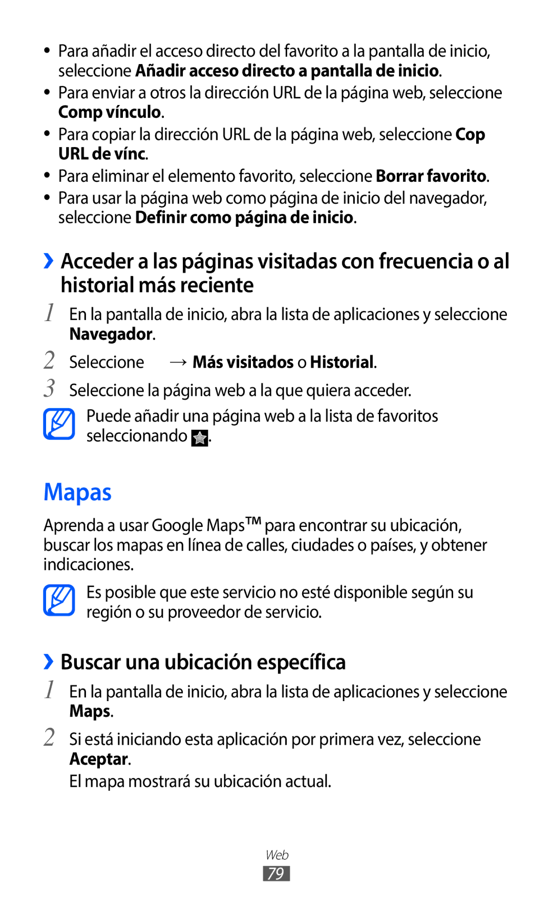 Samsung GT-S5369MAAATL manual Mapas, ››Buscar una ubicación específica, Navegador Seleccione → Más visitados o Historial 