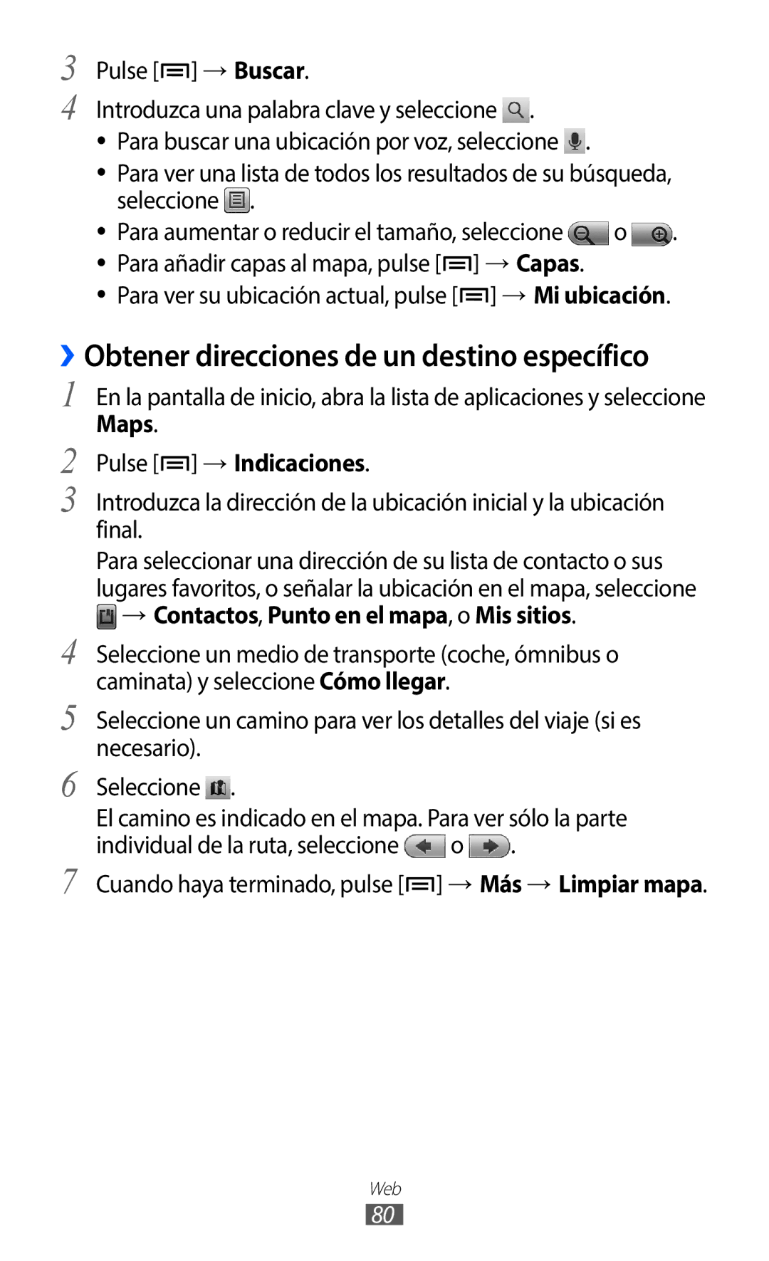 Samsung GT-S5369UWAATL, GT-S5369UWAOMN manual Pulse → Buscar Introduzca una palabra clave y seleccione, → Capas, Maps 