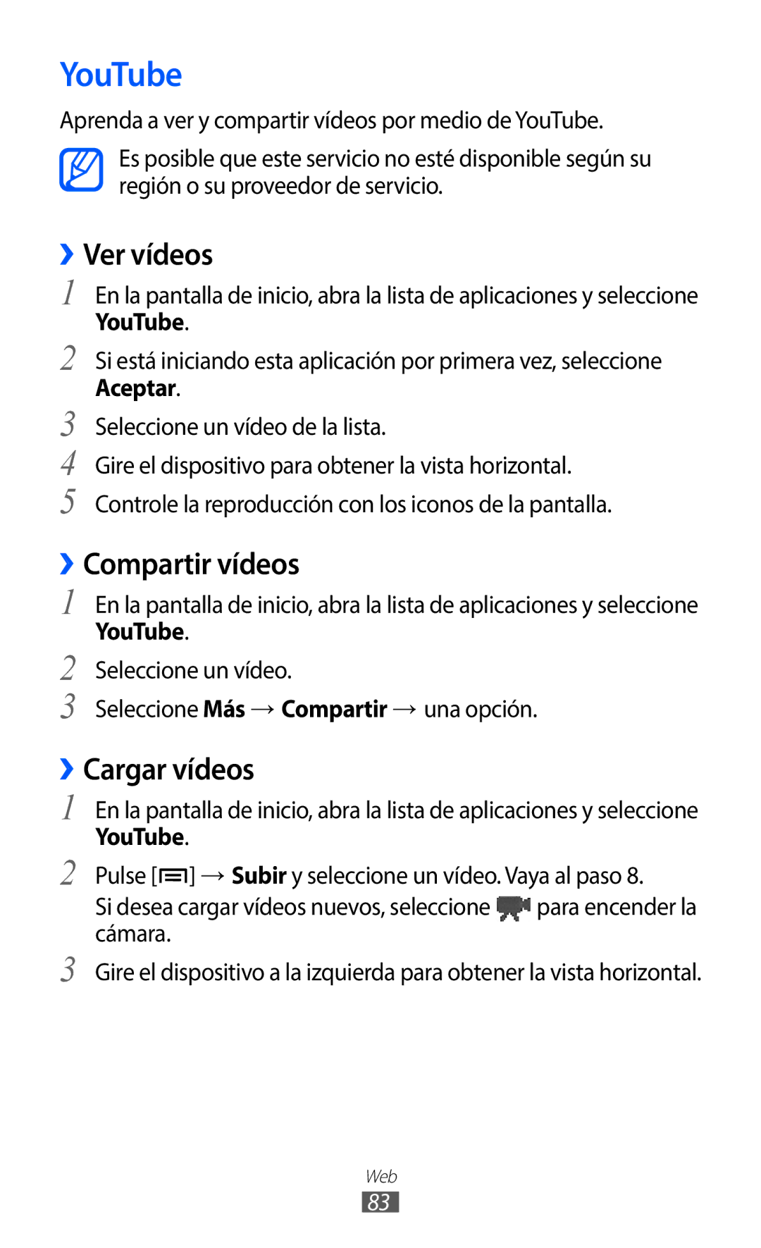 Samsung GT-S5369UWAATL, GT-S5369UWAOMN, GT-S5369MAAATL manual YouTube, ››Ver vídeos, ››Compartir vídeos, ››Cargar vídeos 