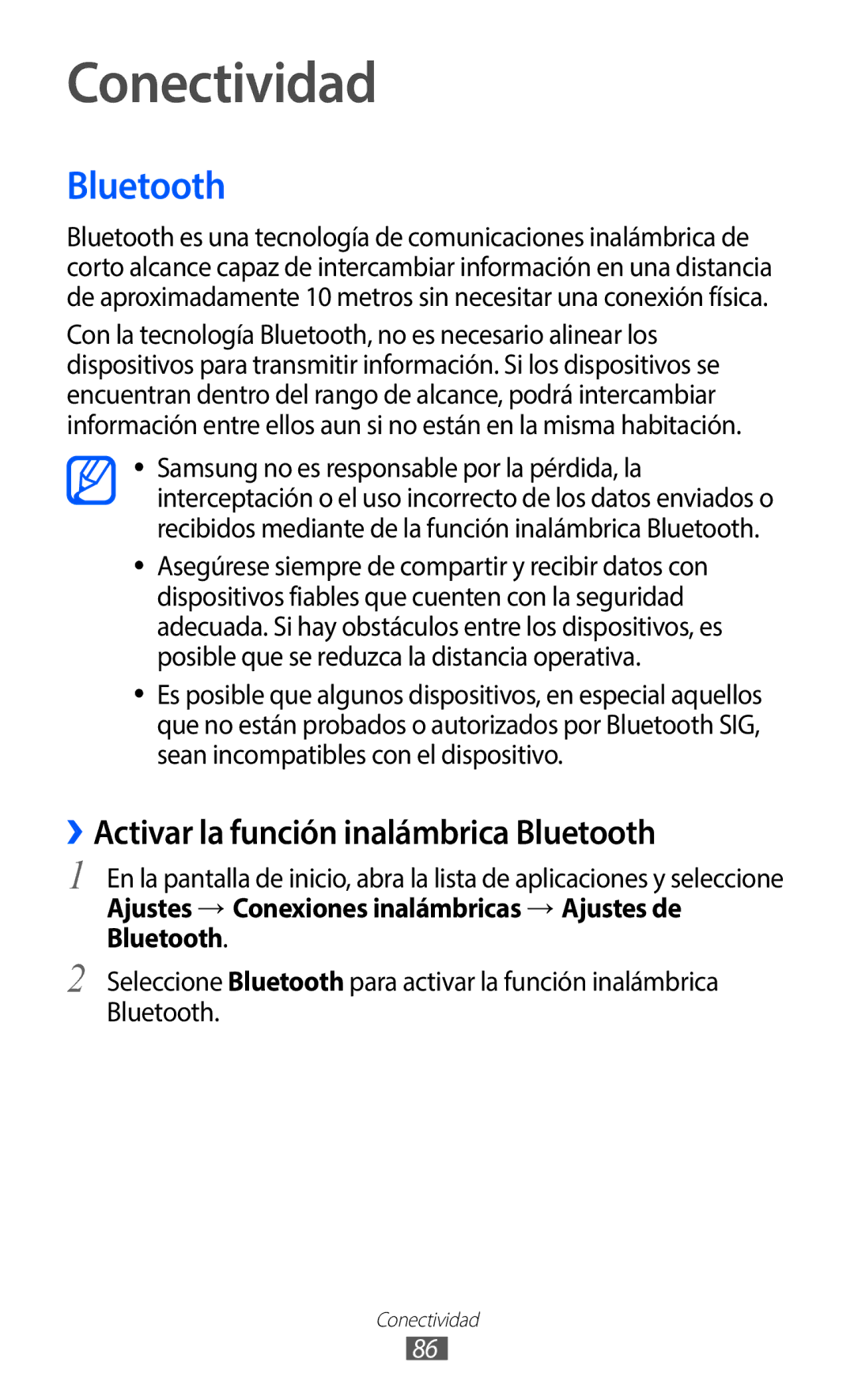 Samsung GT-S5369UWAATL, GT-S5369UWAOMN, GT-S5369MAAATL manual Conectividad, ››Activar la función inalámbrica Bluetooth 