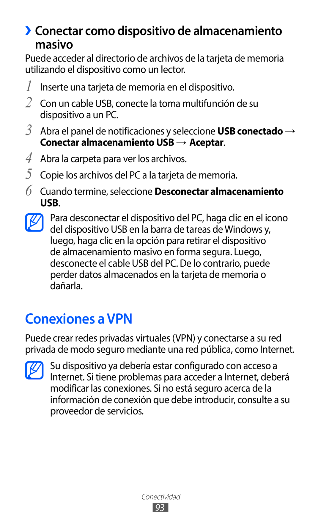 Samsung GT-S5369UWAOMN, GT-S5369MAAATL manual Conexiones a VPN, ››Conectar como dispositivo de almacenamiento masivo 