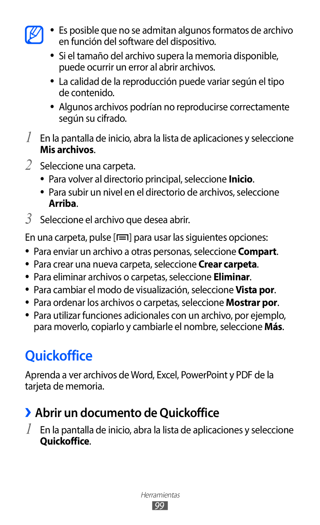 Samsung GT-S5369UWAOMN, GT-S5369MAAATL, GT-S5369UWAATL manual ››Abrir un documento de Quickoffice, Mis archivos 