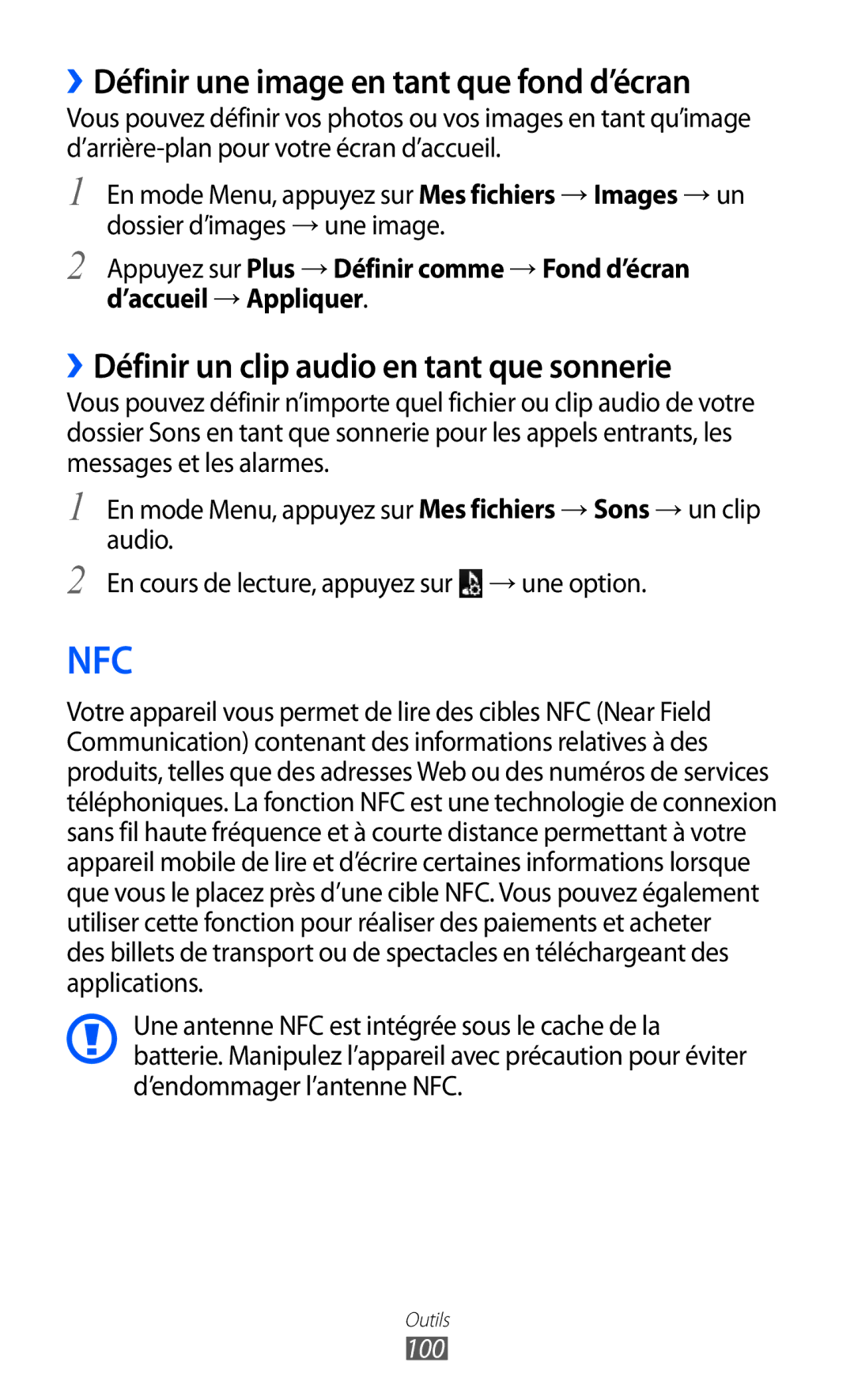 Samsung GT-S5380WRAXEF ››Définir une image en tant que fond d’écran, ››Définir un clip audio en tant que sonnerie, 100 