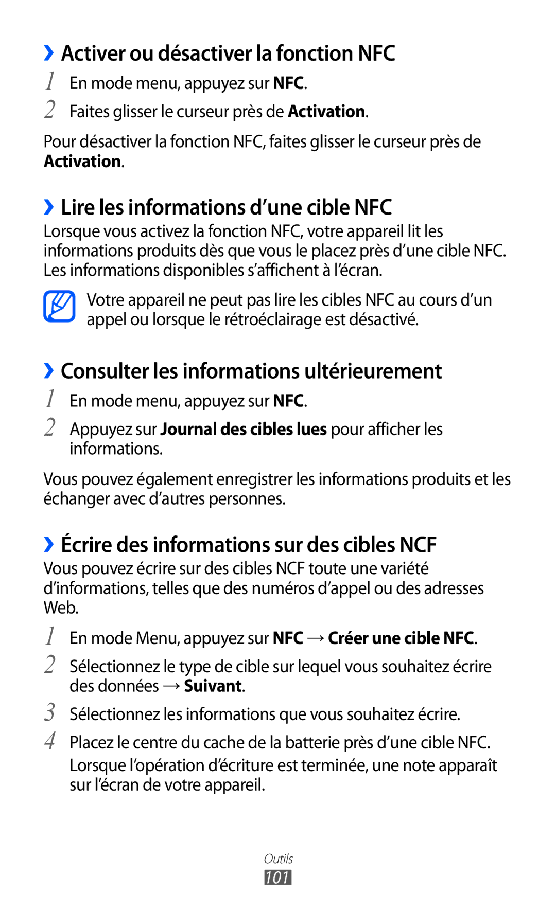 Samsung GT-S5380SSABOG manual ››Activer ou désactiver la fonction NFC, ››Lire les informations d’une cible NFC, 101 