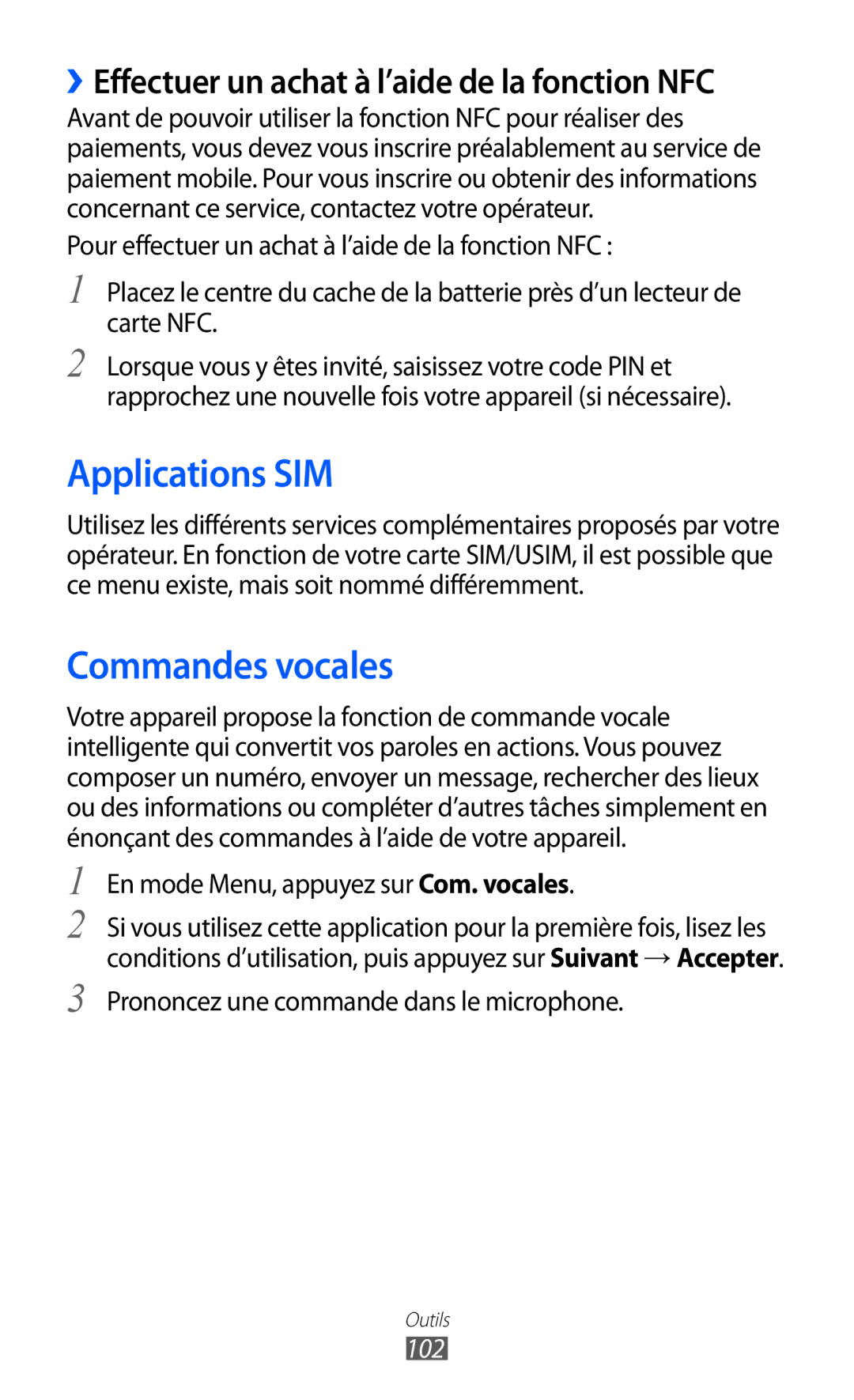 Samsung GT-S5380SSANRJ, GT-S5380PWAXEF Applications SIM, Commandes vocales, En mode Menu, appuyez sur Com. vocales, 102 