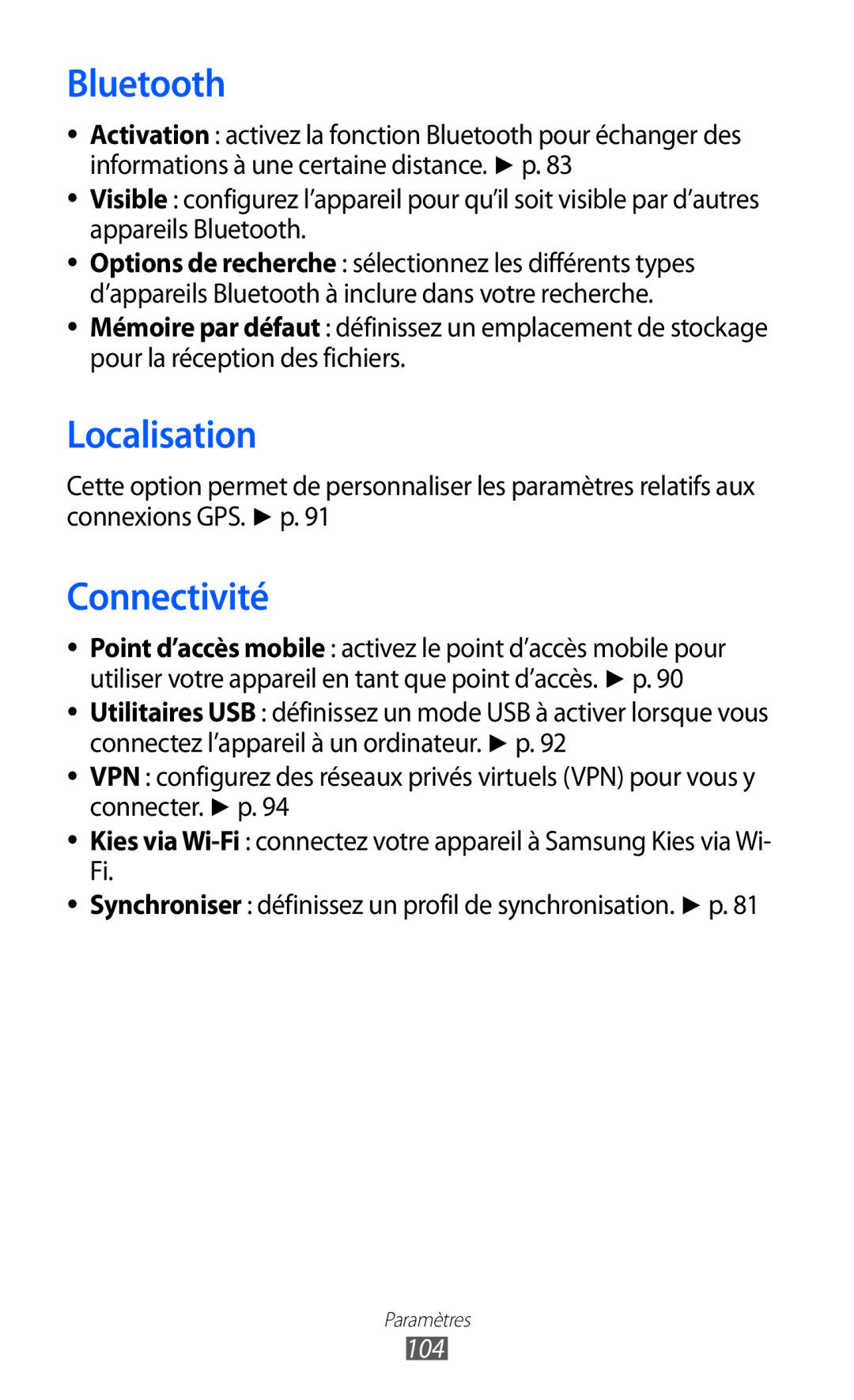 Samsung GT-S5380SSAFTM, GT-S5380PWAXEF, GT-S5380WRAXEF, GT-S5380SSABOG, GT-S5380SSANRJ manual Localisation, Connectivité, 104 