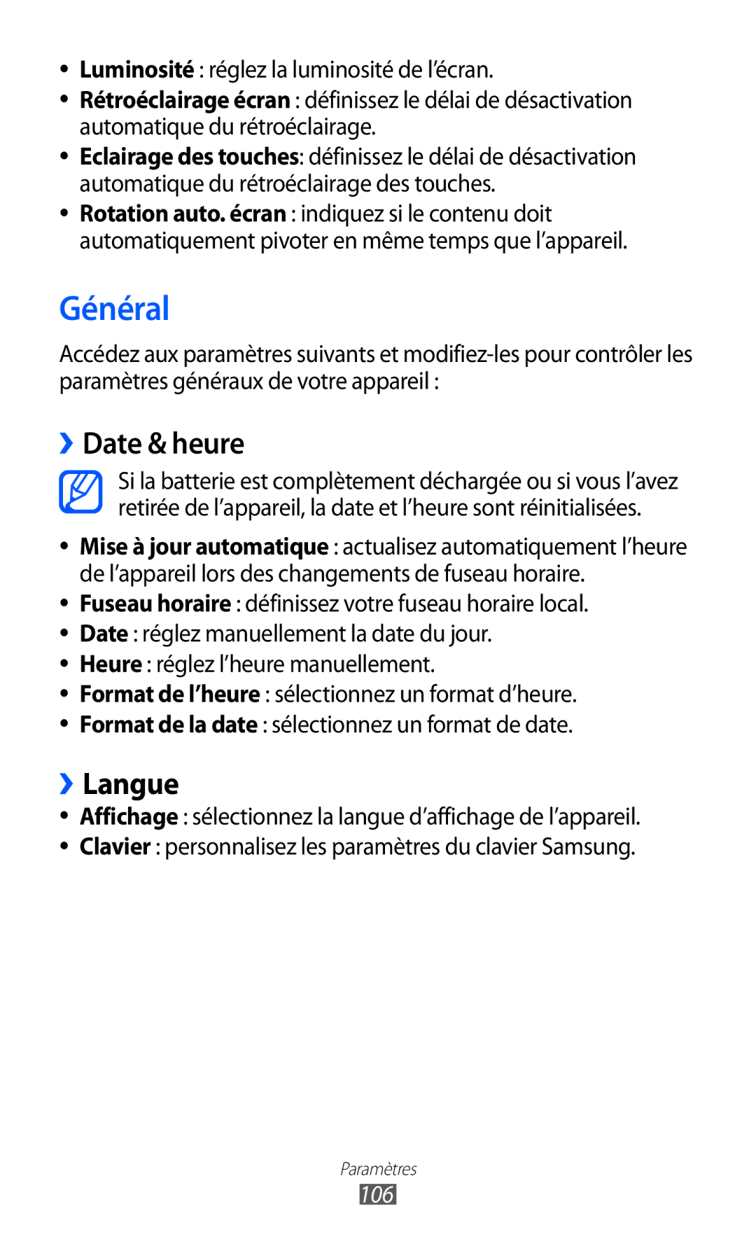 Samsung GT-S5380SSASFR, GT-S5380PWAXEF, GT-S5380WRAXEF, GT-S5380SSABOG, GT-S5380SSANRJ Général, ››Date & heure, ››Langue, 106 
