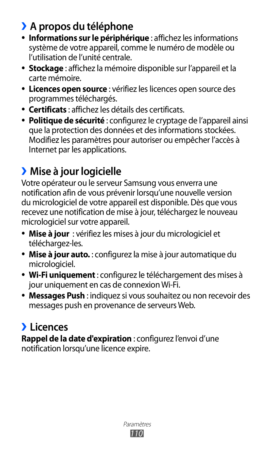 Samsung GT-S5380SSABOG, GT-S5380PWAXEF, GT-S5380WRAXEF ››A propos du téléphone, ››Mise à jour logicielle, ››Licences, 110 