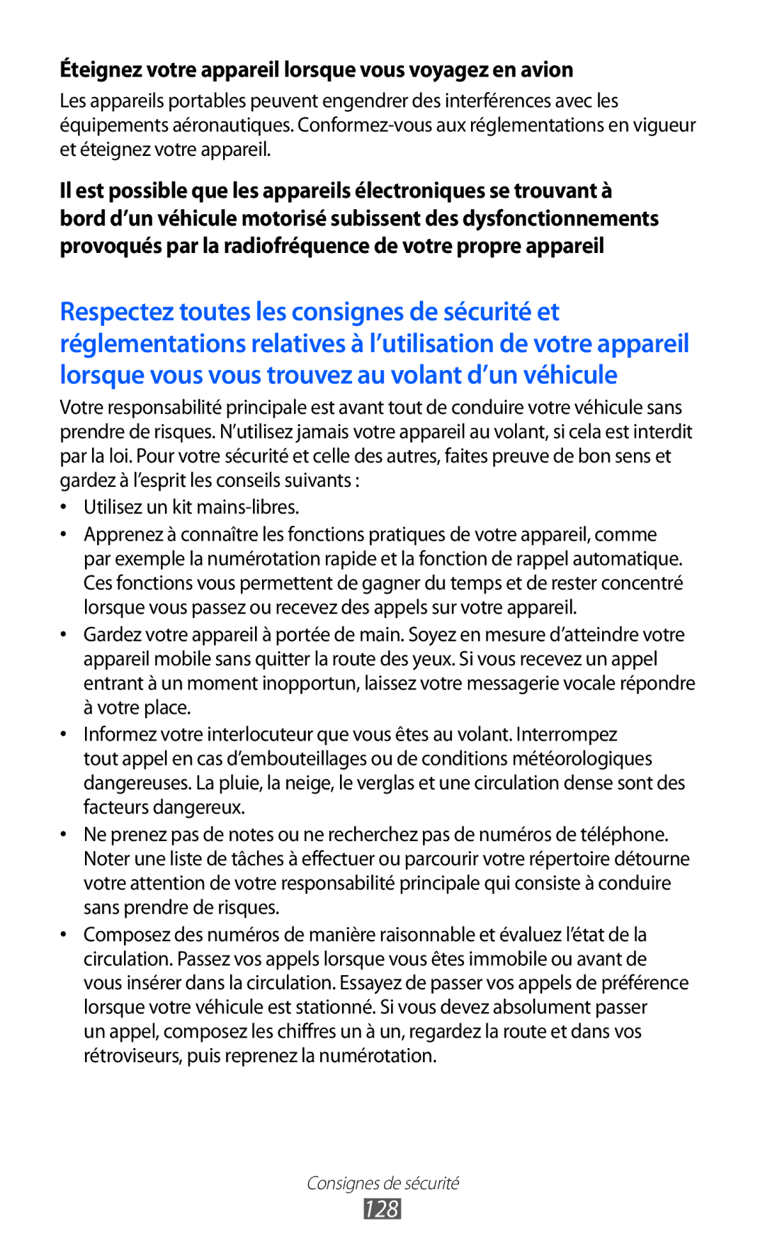 Samsung GT-S5380SSABOG, GT-S5380PWAXEF, GT-S5380WRAXEF manual 128, Éteignez votre appareil lorsque vous voyagez en avion 