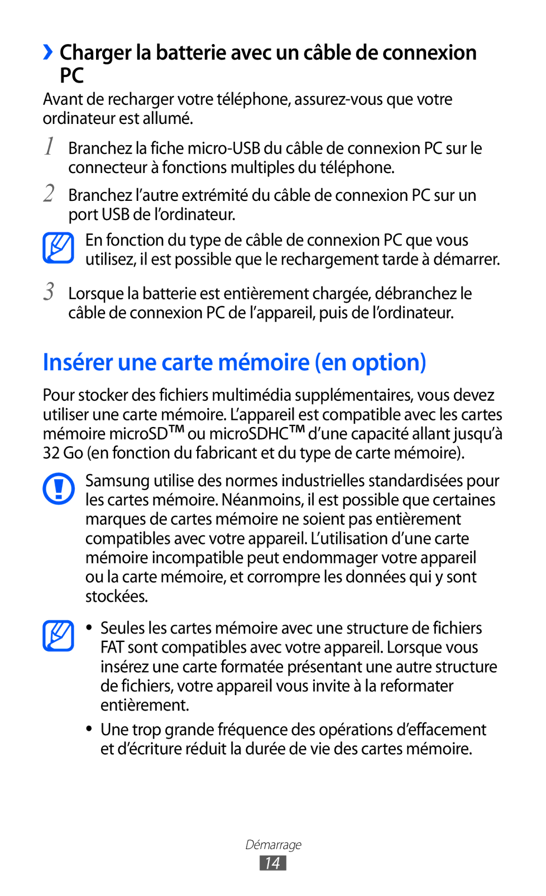 Samsung GT-S5380SSAFTM manual Insérer une carte mémoire en option, ››Charger la batterie avec un câble de connexion 