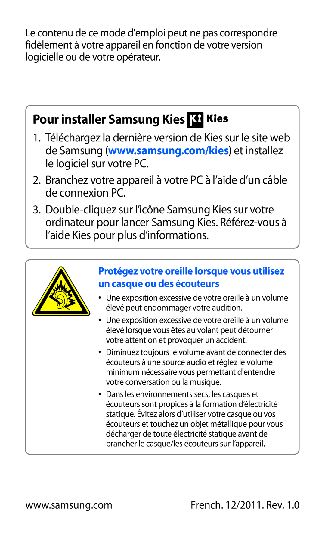 Samsung GT-S5380PWASFR, GT-S5380PWAXEF, GT-S5380WRAXEF, GT-S5380SSABOG, GT-S5380SSANRJ manual Pour installer Samsung Kies 