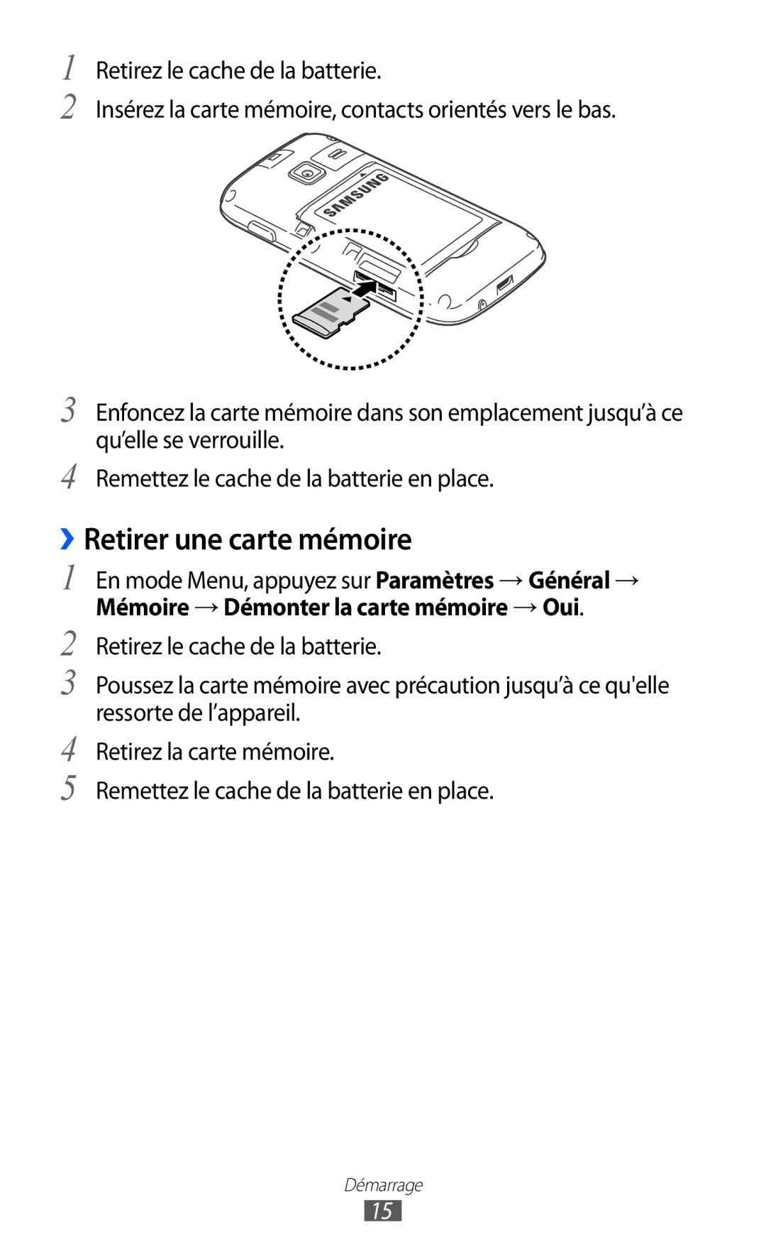 Samsung GT-S5380PWABOG, GT-S5380PWAXEF, GT-S5380WRAXEF, GT-S5380SSABOG, GT-S5380SSANRJ manual ››Retirer une carte mémoire 